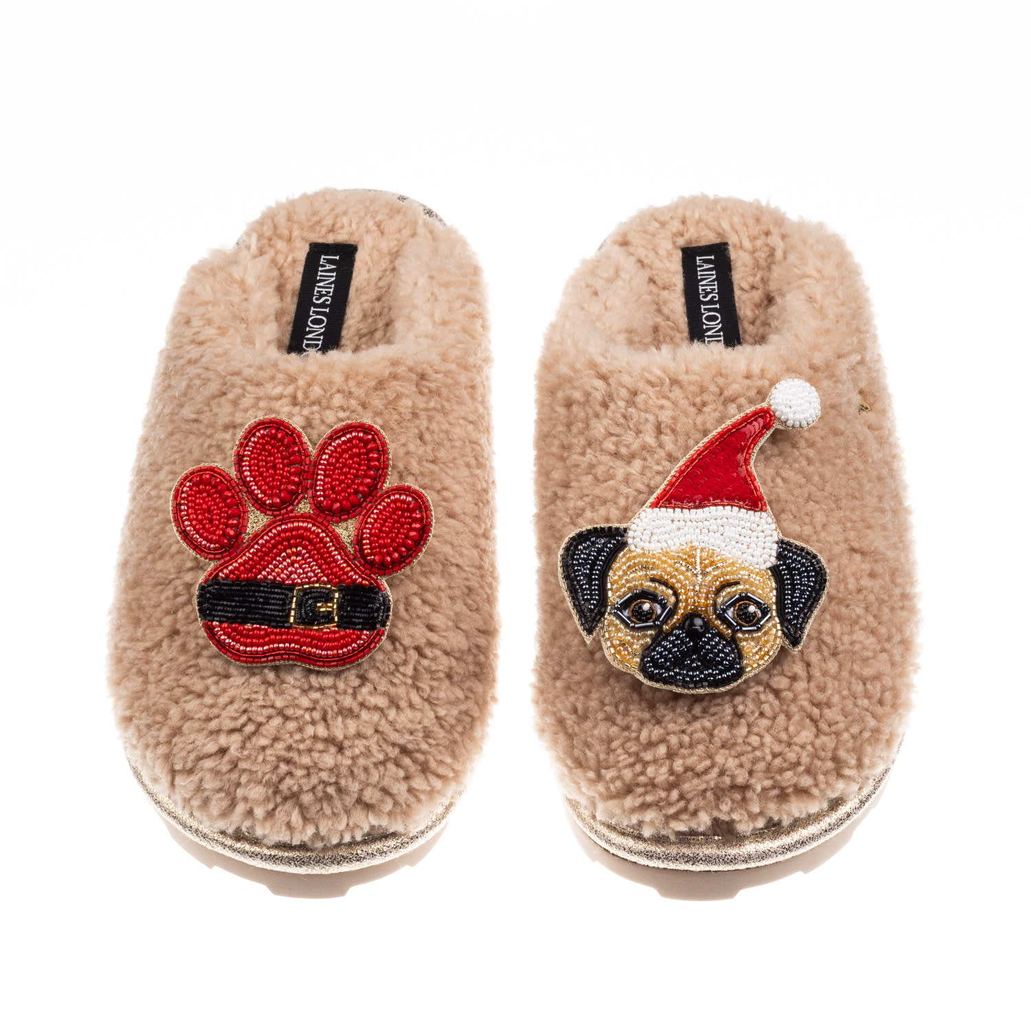 Laines London Women's Brown / Neutrals Teddy Closed Toe Slippers With Christmas Fawn Pug & Paw Brooches - Toffee In Brown
