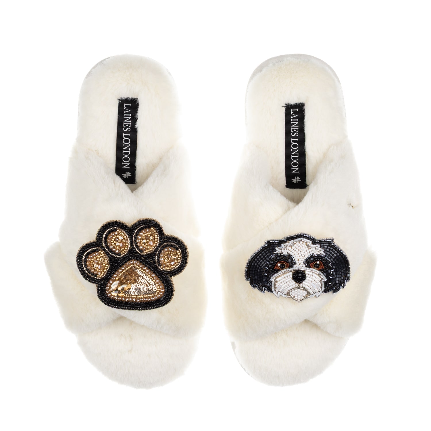 Laines London Women's Neutrals / White Classic Laines Slippers With Paw & Black & White Shih Tzu Brooches - Cream In White