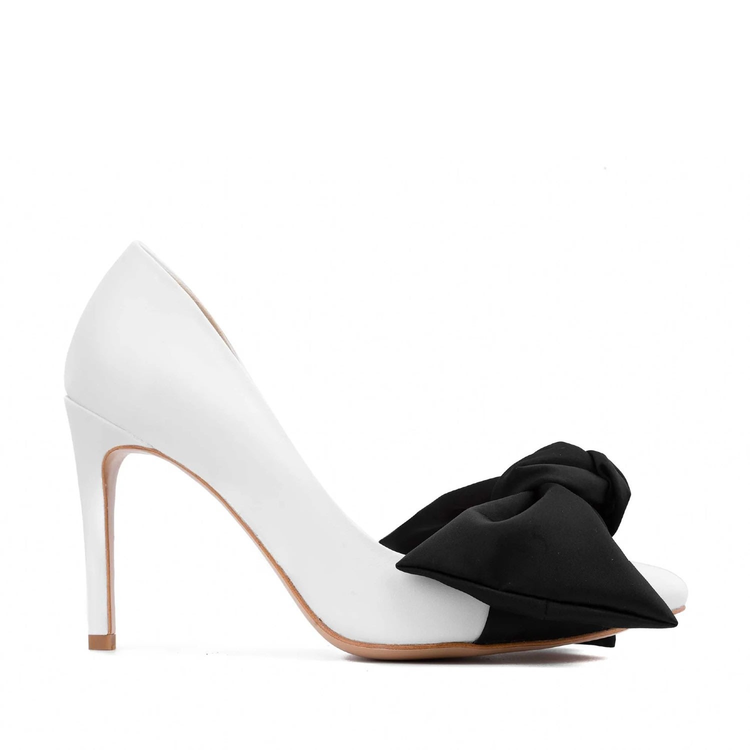 Ginissima Women's Samantha White Leather And Oversized Black Satin Bow Open Sided Stiletto