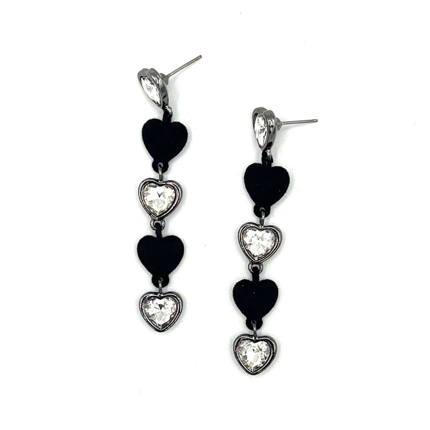 9design Women's Black Mixed Velvet & Glass Hearts Linear Drop Earring