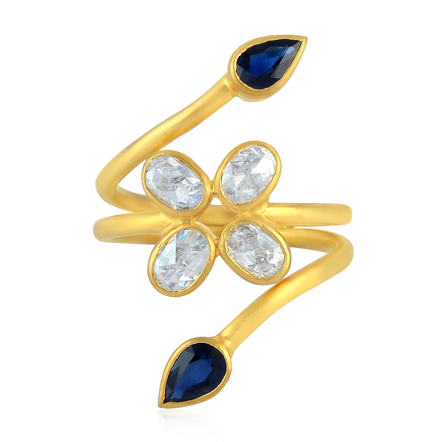 Women’s Blue / Gold / White 18K Solid Yellow Gold Rose Cut Diamond Sapphire Between The Finger Ring Artisan