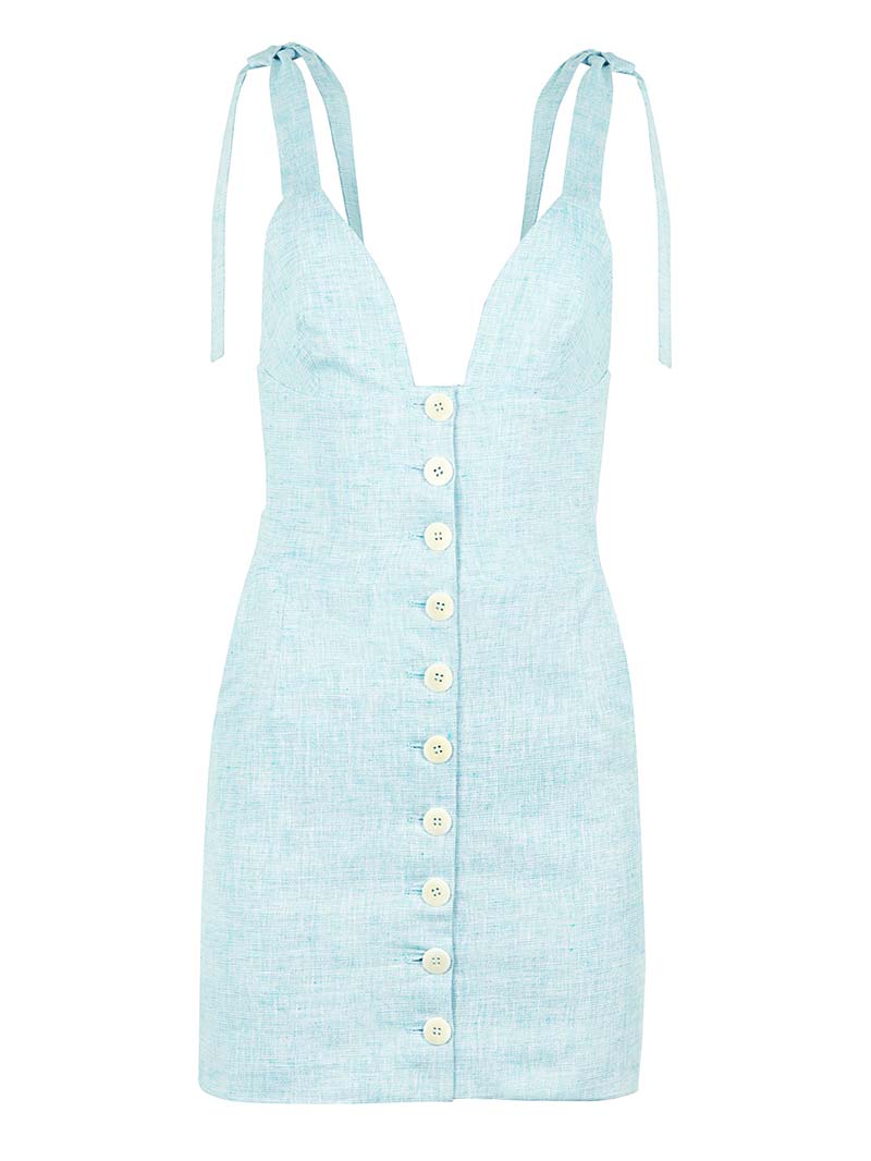 Blonde Gone Rogue Women's Linen Mini Dress, Upcycled Linen, In Light Blue In Green