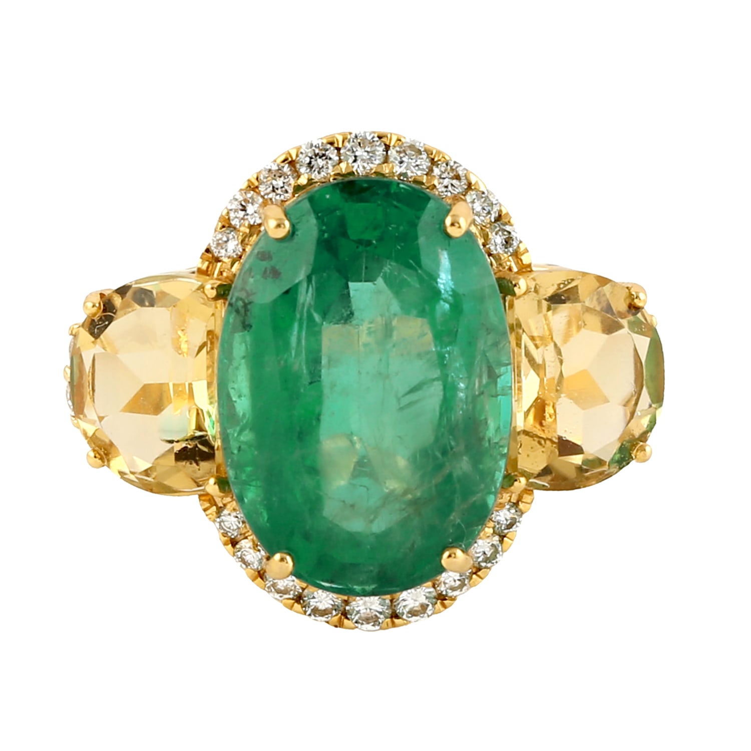 Women’s Green Handmade 18K Gold Citrine Emerald Diamond Three Cocktail Ring Artisan