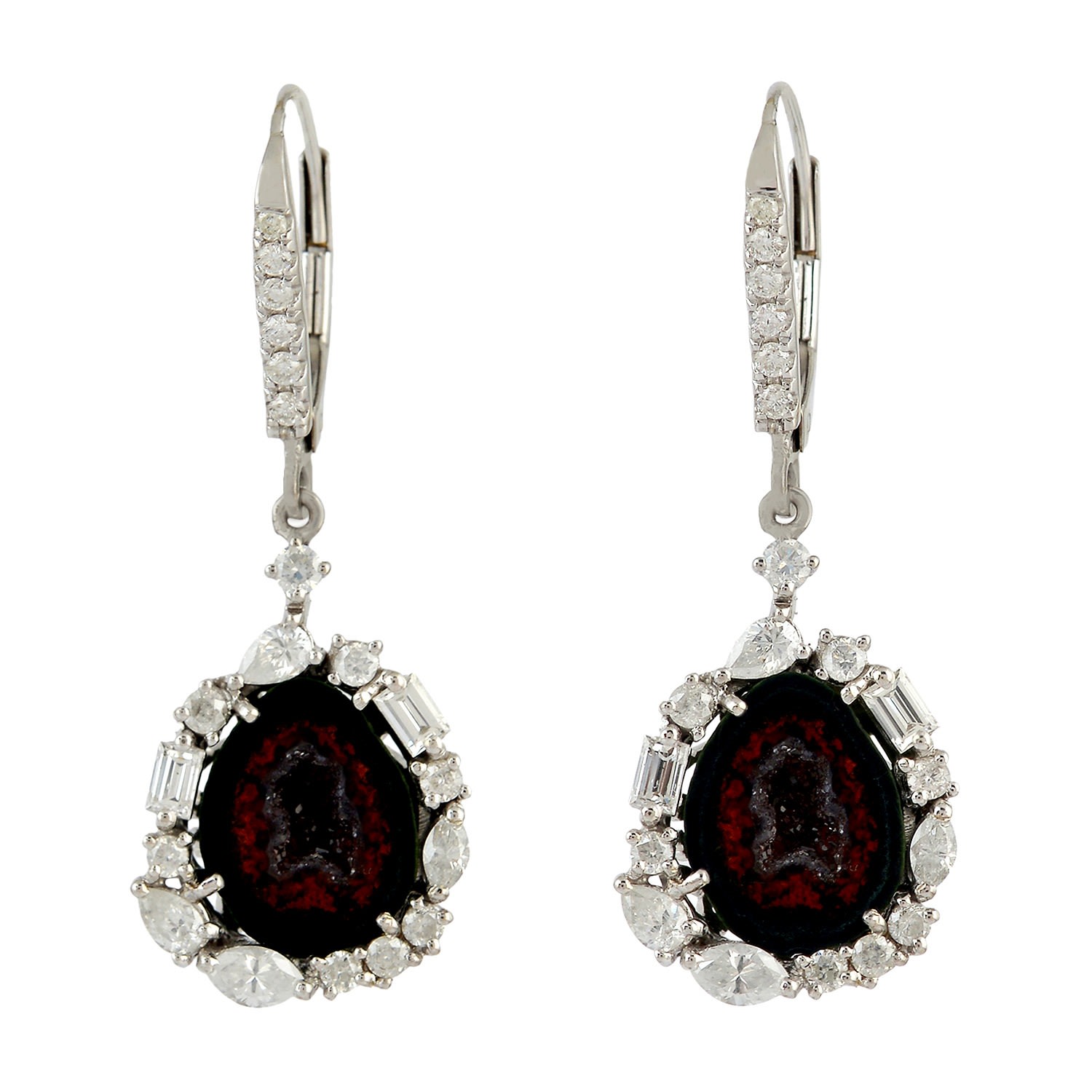 Artisan Women's Brown / White Geode And Diamond Statement Huggie Earrings In White Gold In Multi