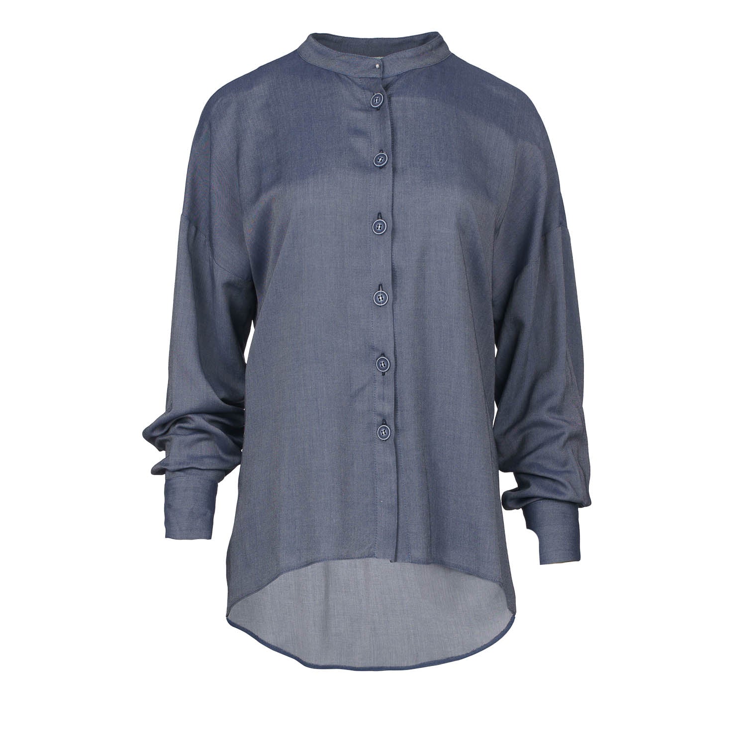 Conquista Women's Blue Denim Style Blouse With Mandarin Collar In Gray