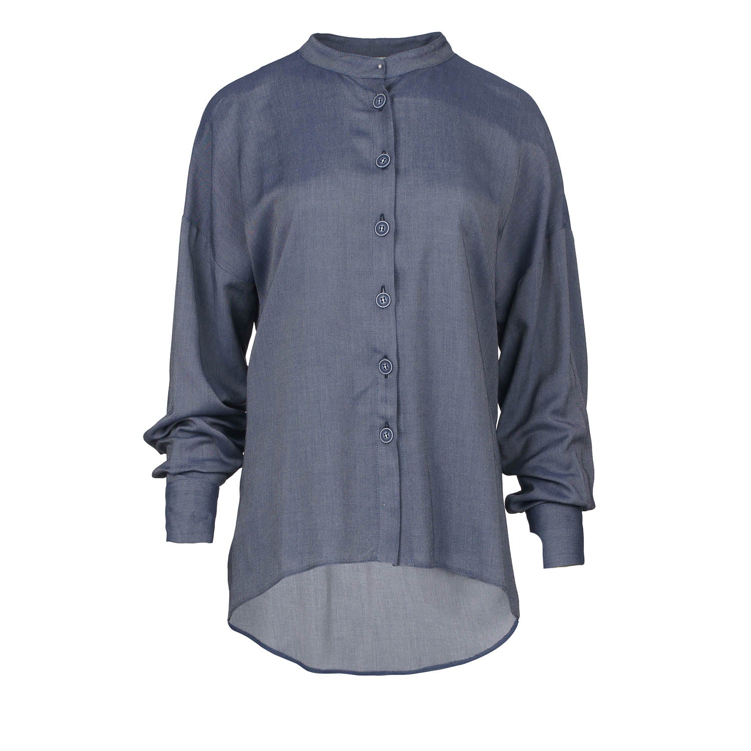 Women’s Blue Denim Style Blouse With Mandarin Collar Small Conquista