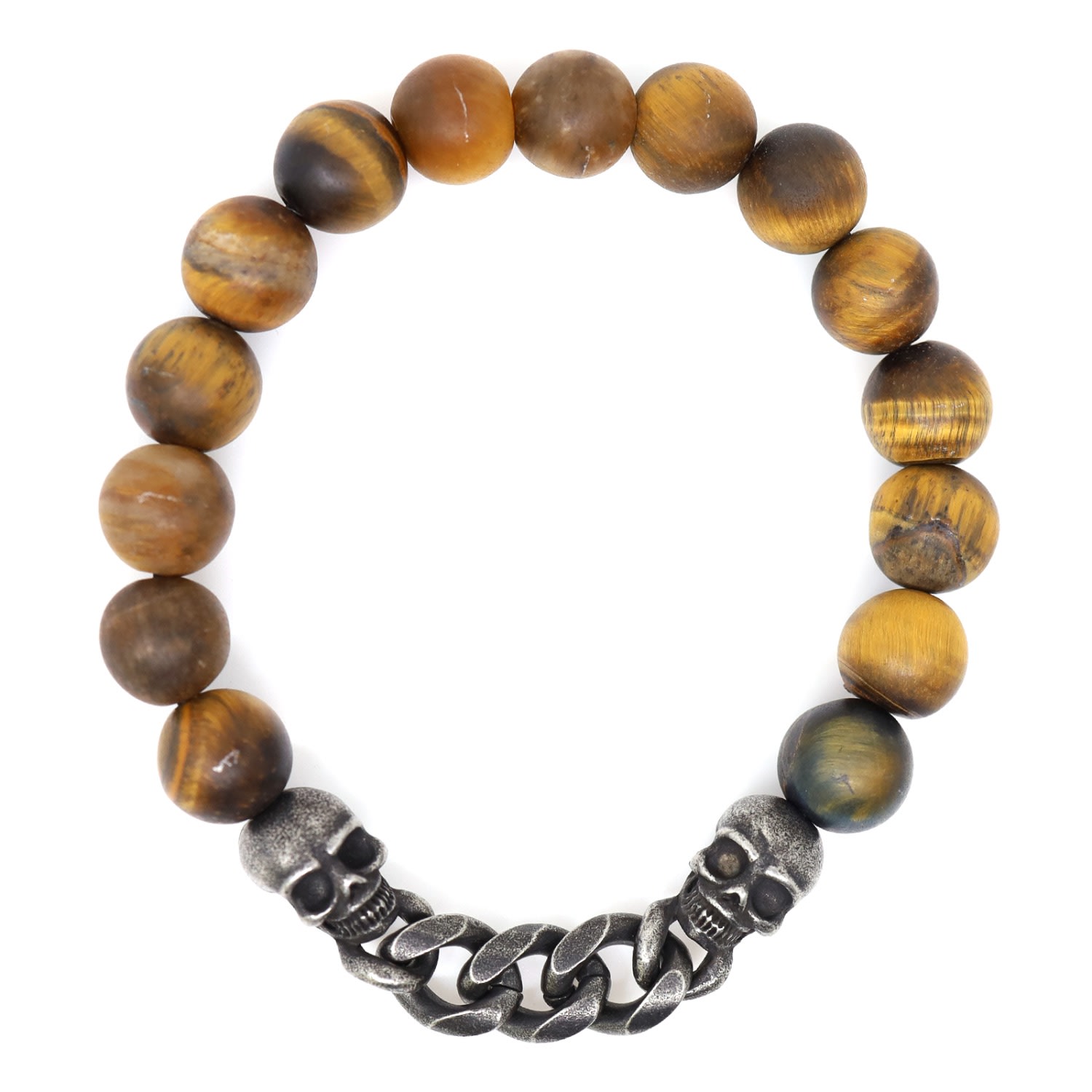 Shar Oke Men's Brown / Silver Brown Tiger's Eye & Skull Bracelet In Brown/silver