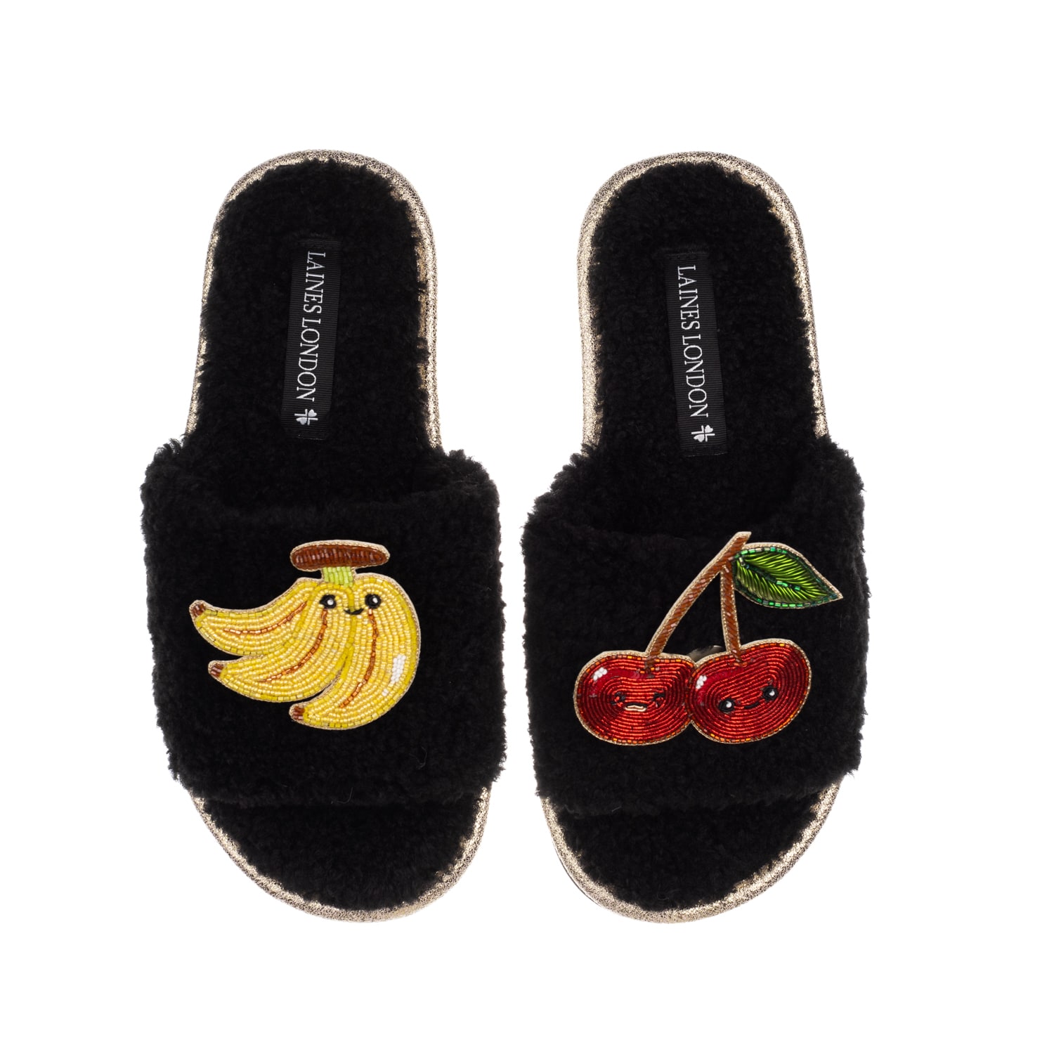 Laines London Women's Teddy Slider Slippers With Laines Loveables Banana & Cherry Brooches - Black In Black