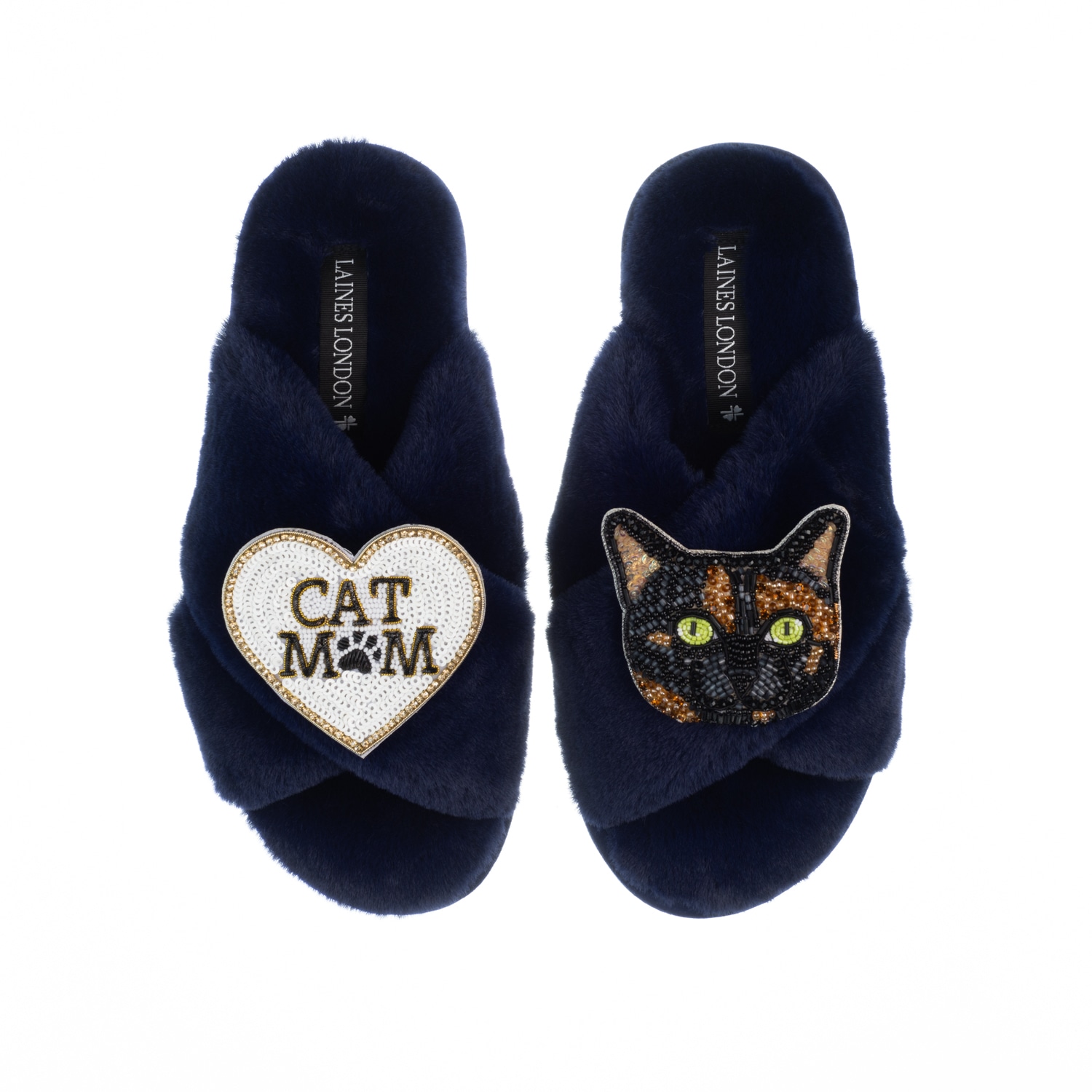Laines London Women's Blue Classic Laines Slippers With Cat Mum/mom & Misty Cat Brooches - Navy In Blue
