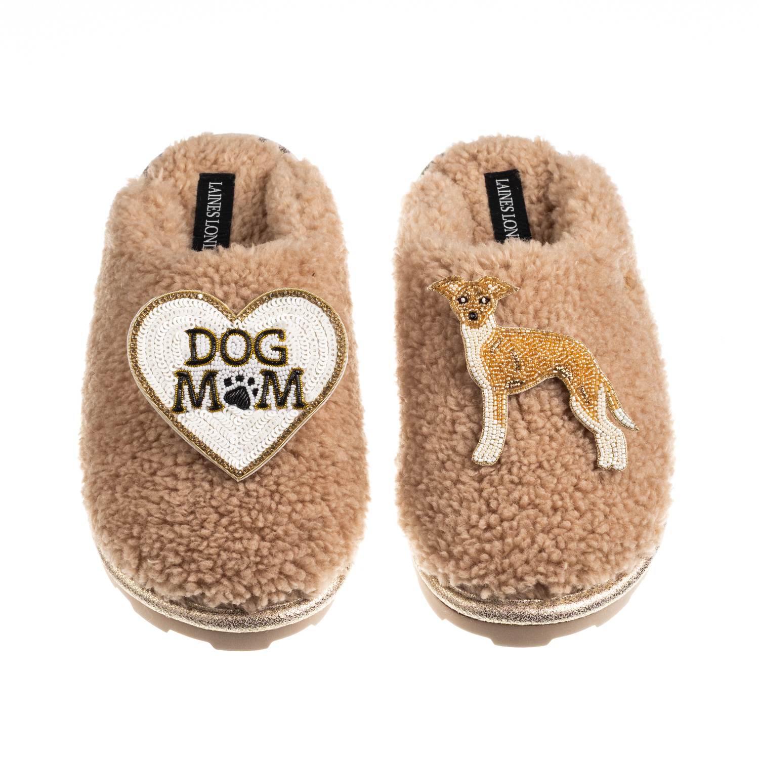 Laines London Women's Brown / Neutrals Teddy Closed Toe Slippers With Dog Mum/mom & Fawn & White Greyhound Brooche In Multi