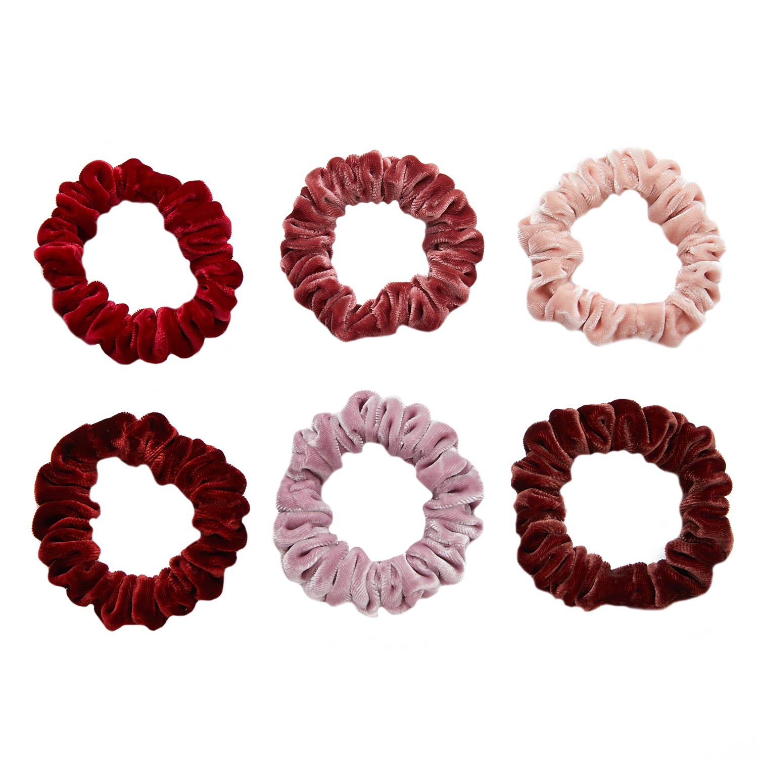 Soft Strokes Silk Women's Silk Velvet Handmade Mini Scrunchie, Lipstick Collection - Set Of Six In Brown/pink/purple/red