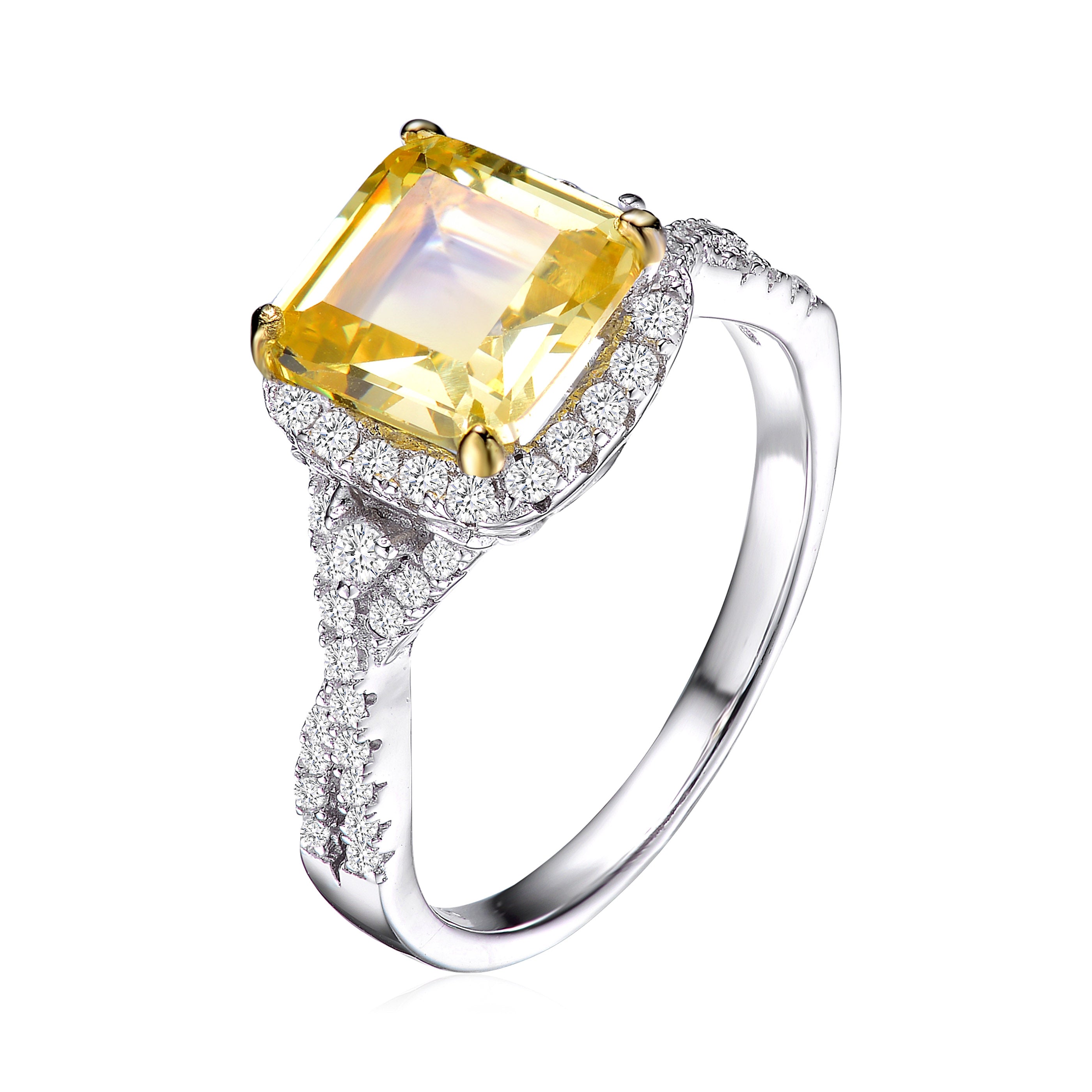 Women’s Yellow / Orange / Silver Sterling Silver With Rhodium Plated Yellow Cushion Cubic Zirconia With Clear Round Cubic Zirconias Accent Twisted Ring Genevive Jewelry