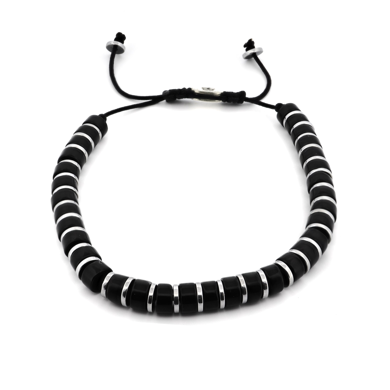 Ebru Jewelry Black / Silver Men's Black Onyx Stone Beaded Adjustable Bracelet - Black