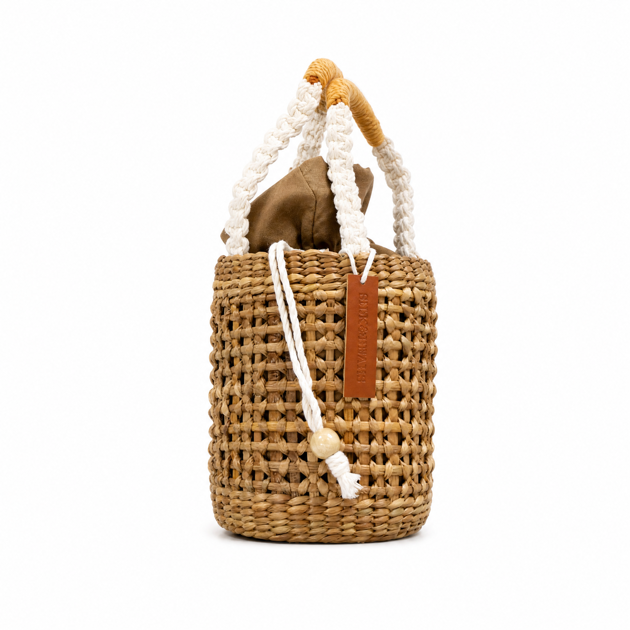 Lotus Mini Bucket Bag – Handwoven Water Hyacinth | Silk and Bears