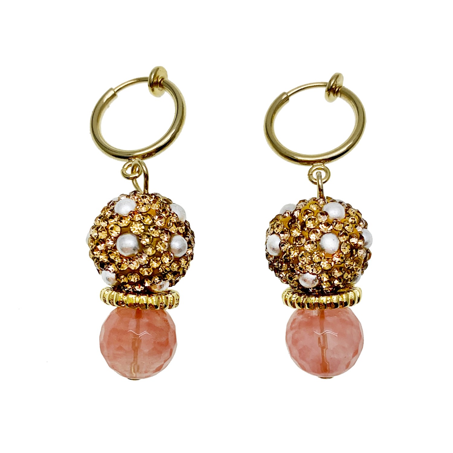 Women’s Watermelon Quartz Stones With Rhinestones Bordered Pearls Clip On Earrings Farra