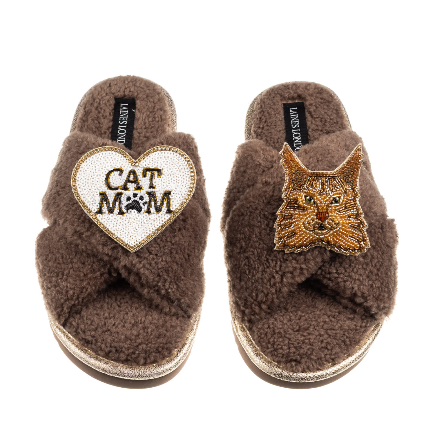 Laines London Women's Brown / Neutrals Boucle Slippers With Cat Mum/mom & Maine Coon Cat Brooches - Mink In Brown