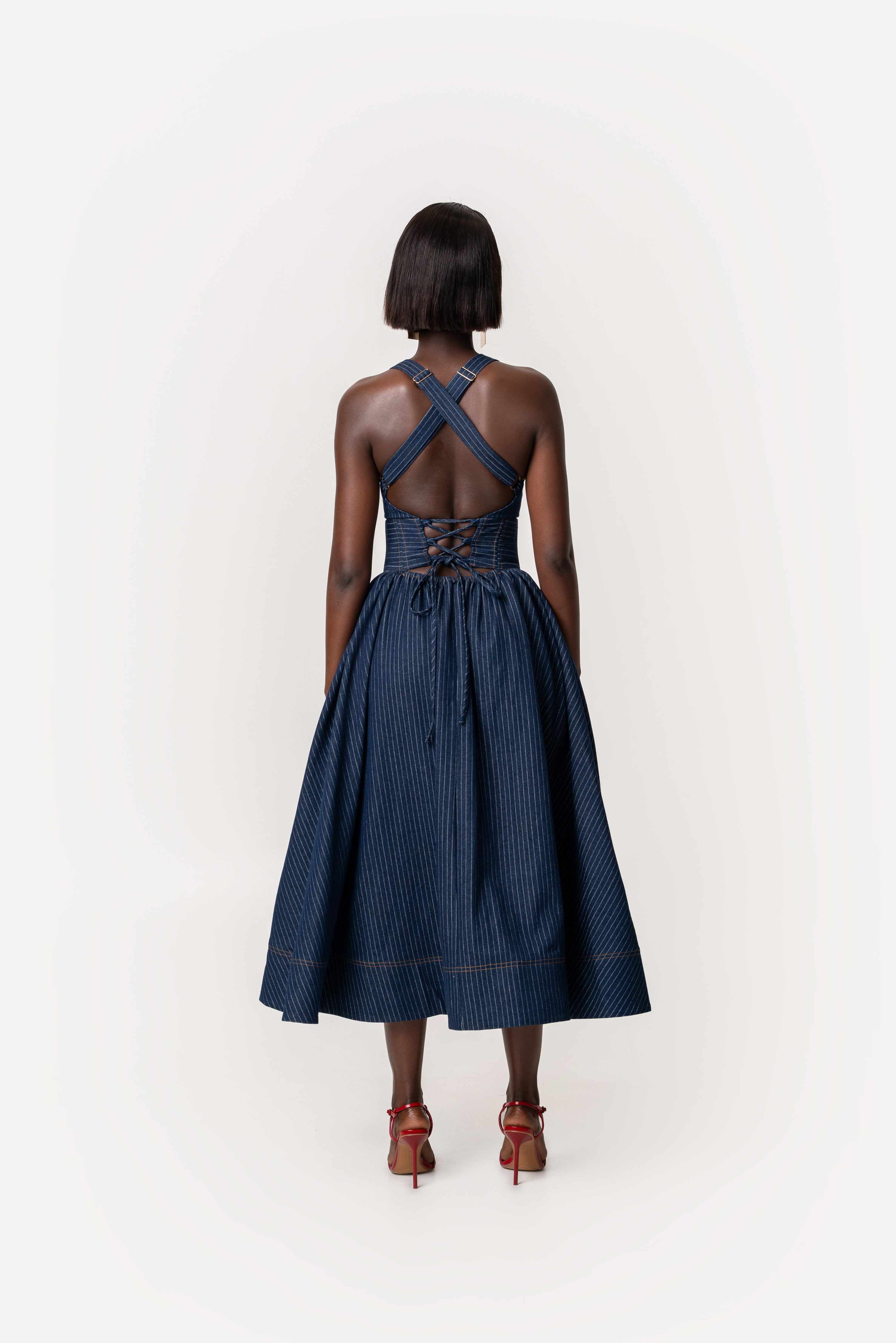 Denim Pinstripe Noemi Midi Dress | OFUURE