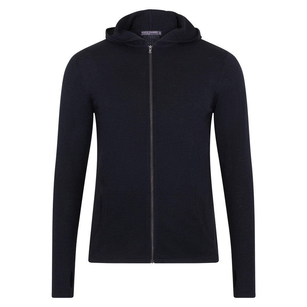 Paul James Knitwear Mens Heavyweight Merino Helios Activewear Hooded Jumper - Black In Black
