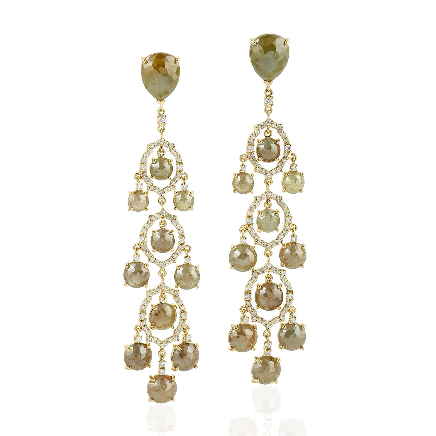 Women’s White / Brown Natural Ice Diamond Chandelier Earrings Yellow Gold Jewelry Artisan