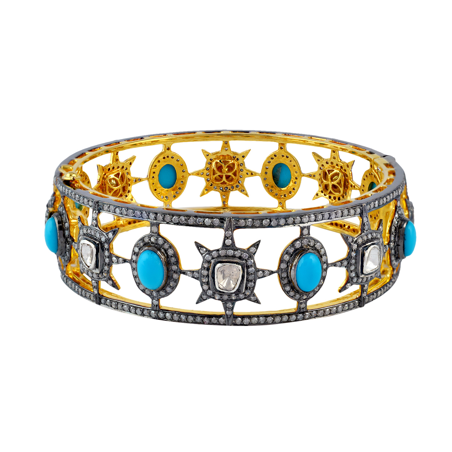 Women’s White / Gold / Blue 18K Gold 925 Silver With Polki Diamond & Turquoise Gemstone Unique Star Bangles Artisan