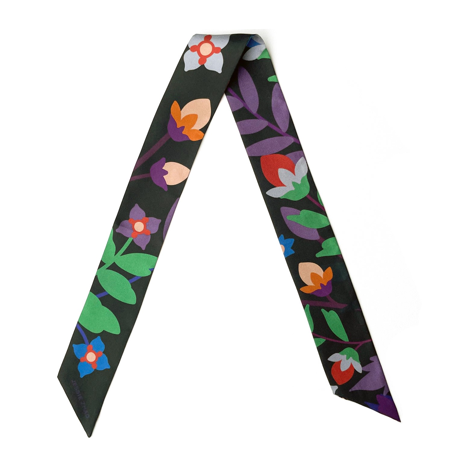 Jessie Zhao New York Silk Skinny Scarf Of Night Garden In Black