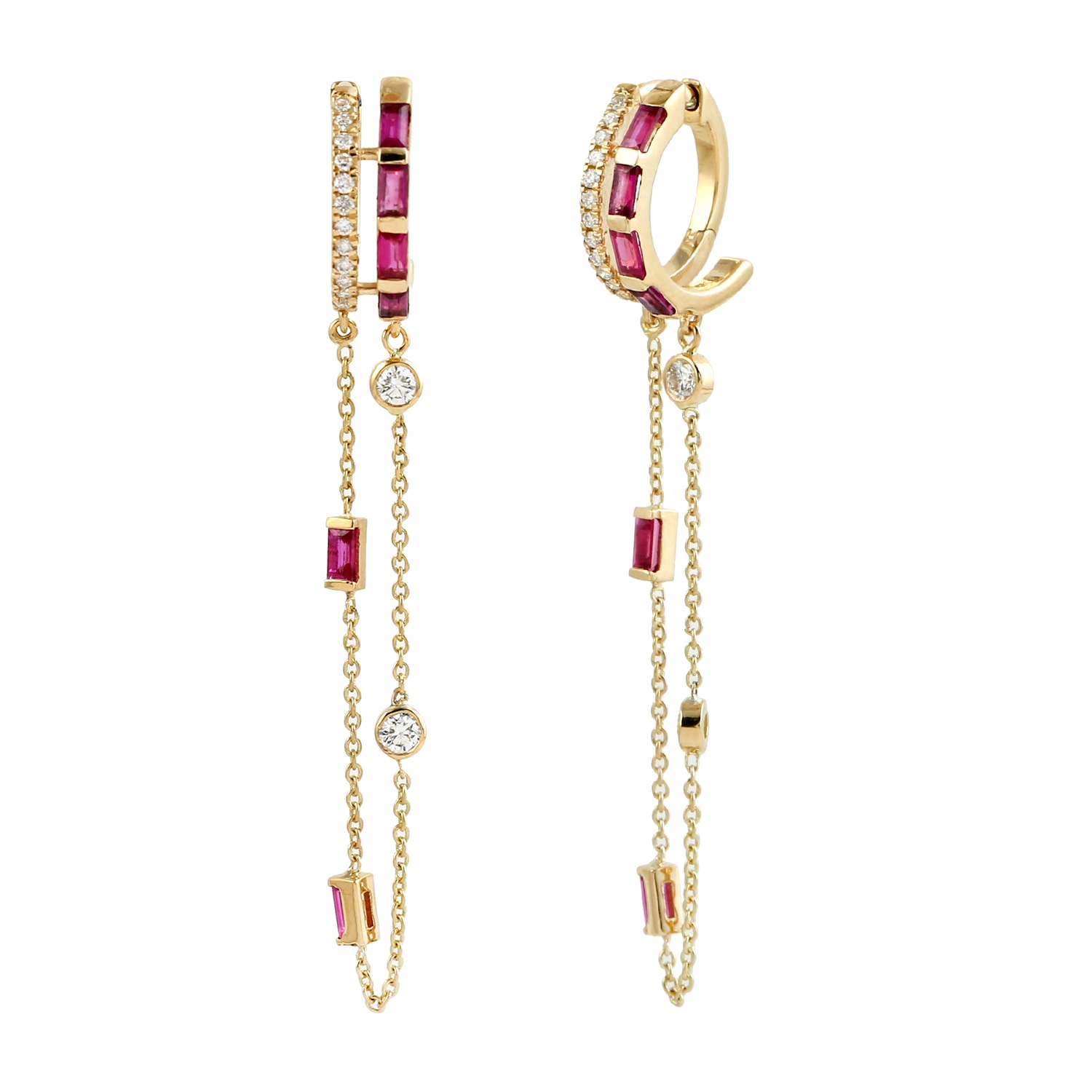 Artisan Women's Yellow / Gold / White 18k Gold Baguette Ruby & Diamond Huggie Earrings In Gold