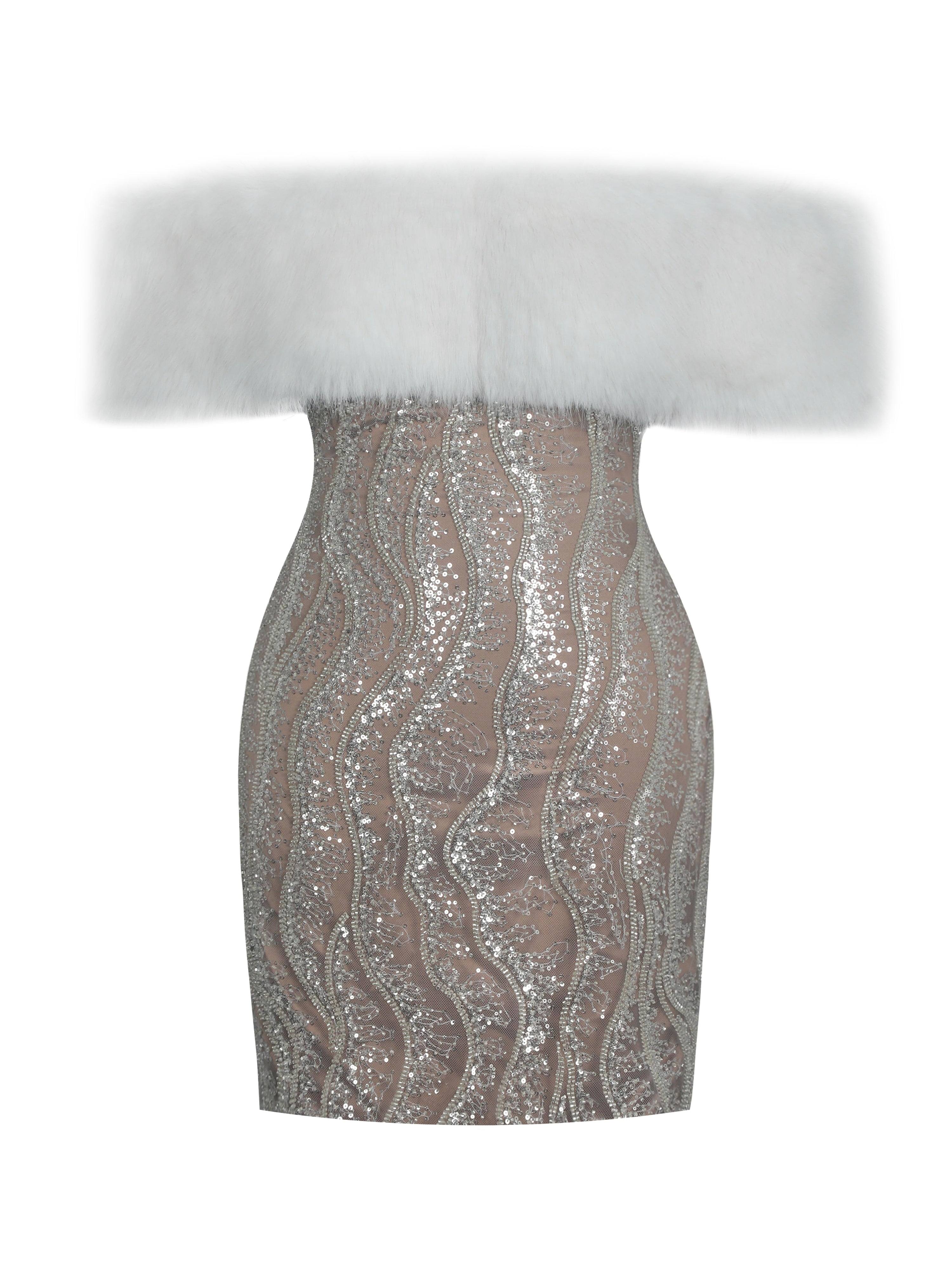 Women's Averie White Fur Off-Shoulder Beige Sequin Mini Dress | Small | Miss Circle New York