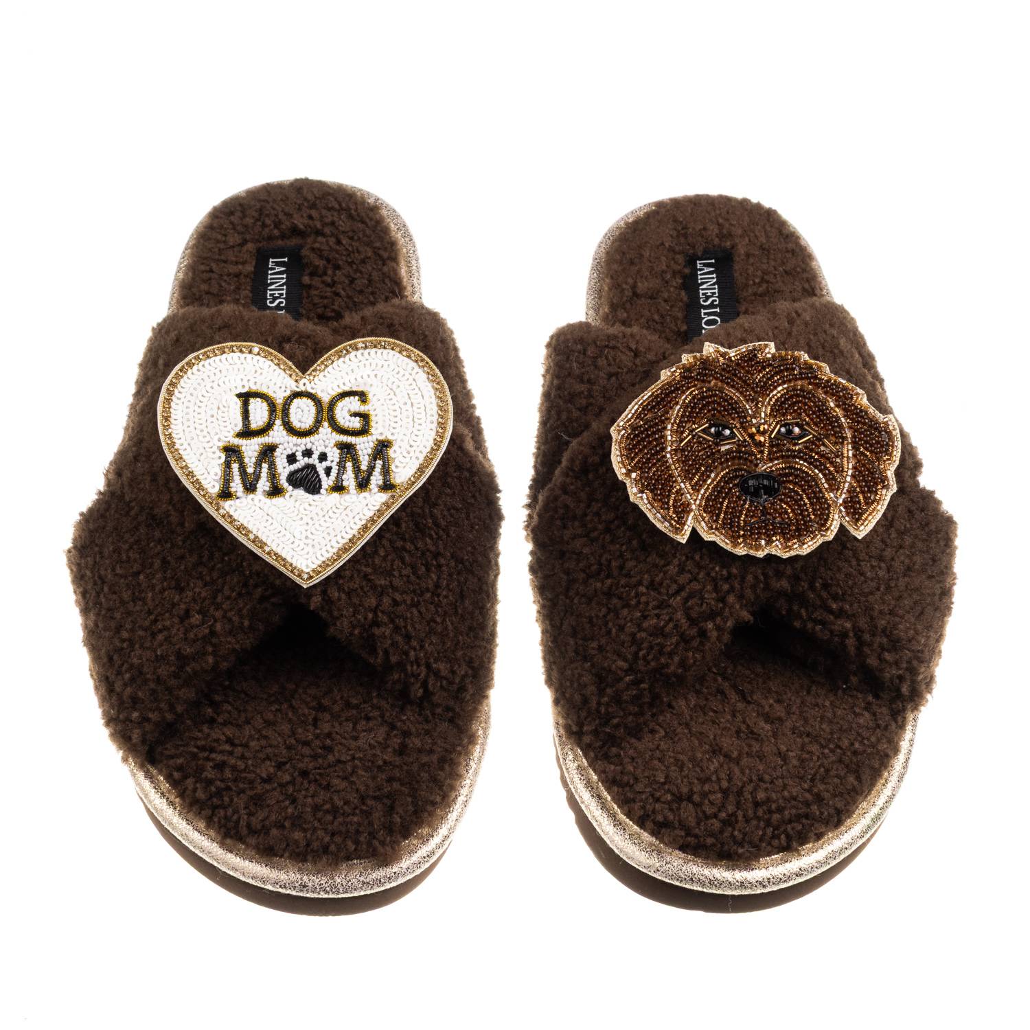 Laines London Women's Brown / Neutrals Boucle Slippers With Dog Mum/mom & Chocolate Cockapoo Brooches - Chocolate In Brown