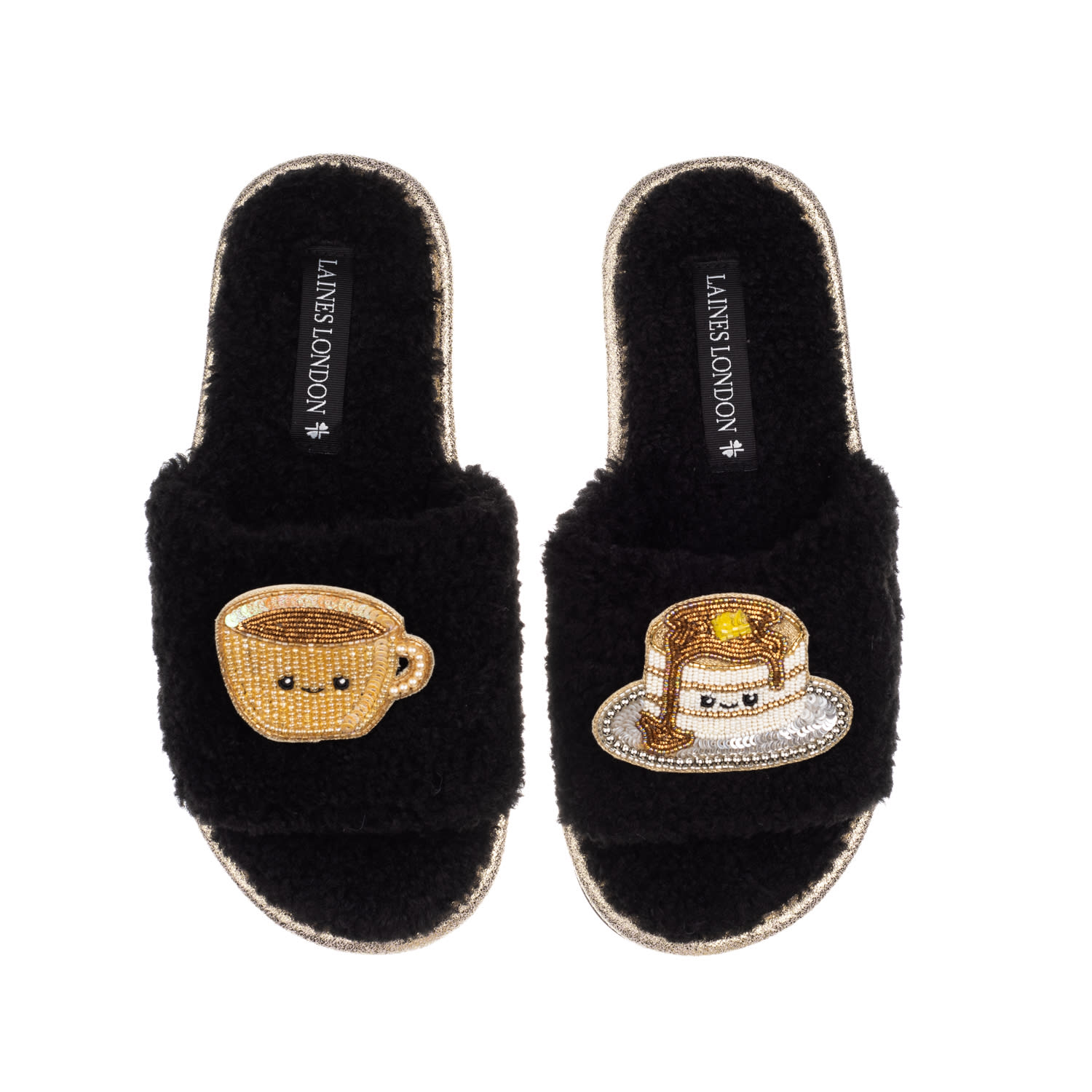 Laines London Women's Teddy Slider Slippers With Laines Loveables Coffee & Pancakes Brooches - Black In Black