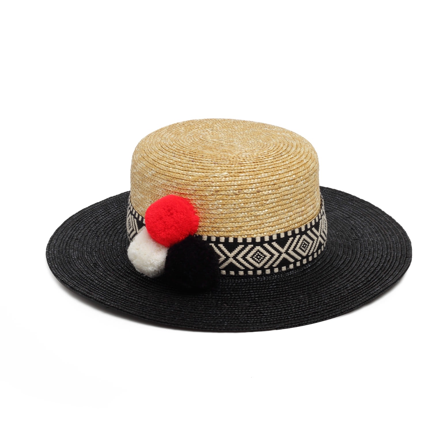 Women’s Black Two Tone Straw Boater Hat With Pompoms 53Cm Justine Hats