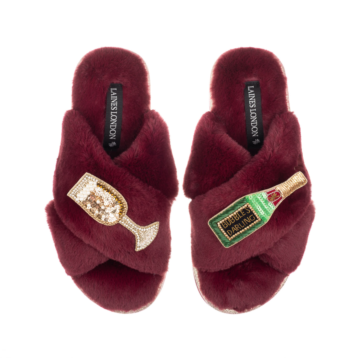 Laines London Women's Red / Gold Classic Laines Slippers With Bubbles Darling Brooches - Limited Edition Burgundy In Brown