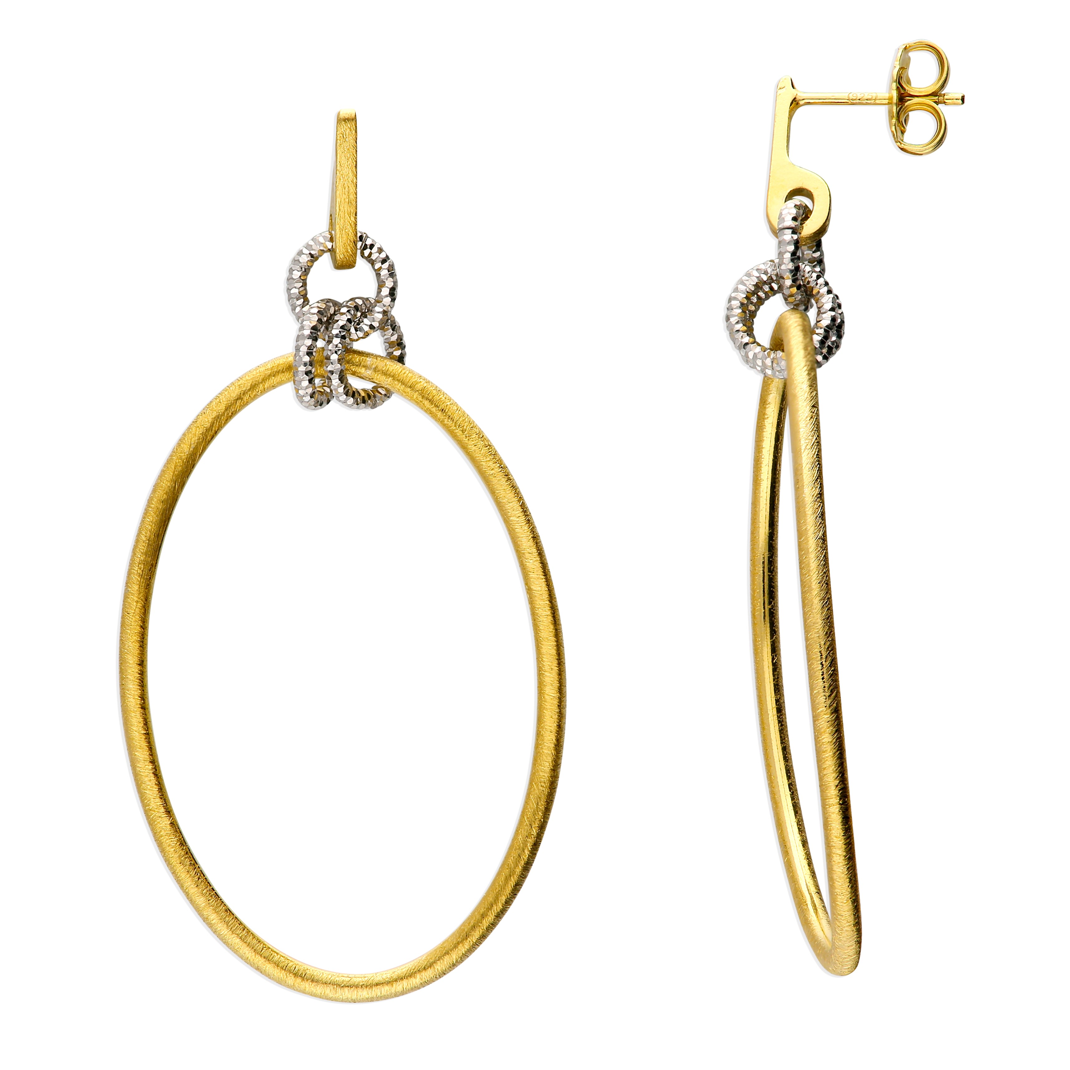 Harfi Women's Gold / Silver Elegant Two-tone Diamond Cut Circle Drop Earrings With Gold-plated Satin Finis