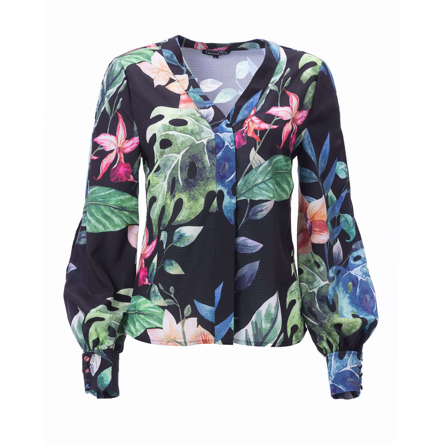 Carloslines Women's Black V-neck Bar Tack Long Sleeve Blouse In Multi-colored Palms Print