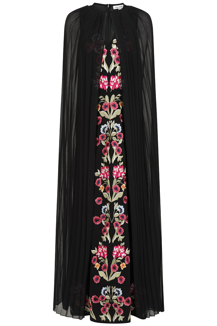 Frock And Frill Women's Valentina Black Floral Embroidered Maxi Dress With Pleated Cape In Black
