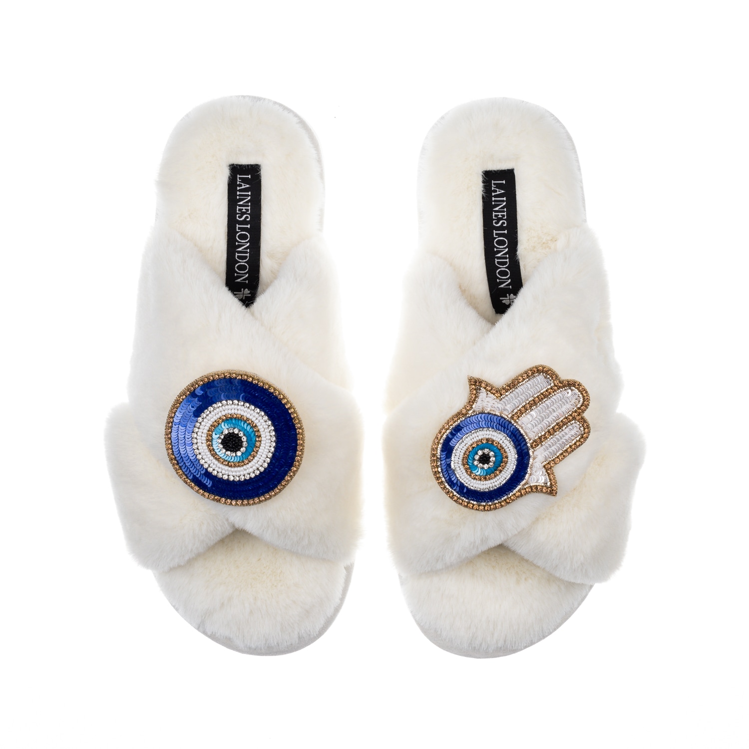 Laines London Women's White Classic Laines Slippers With Evil Eye & Hamsa Hand Brooches - Cream In White