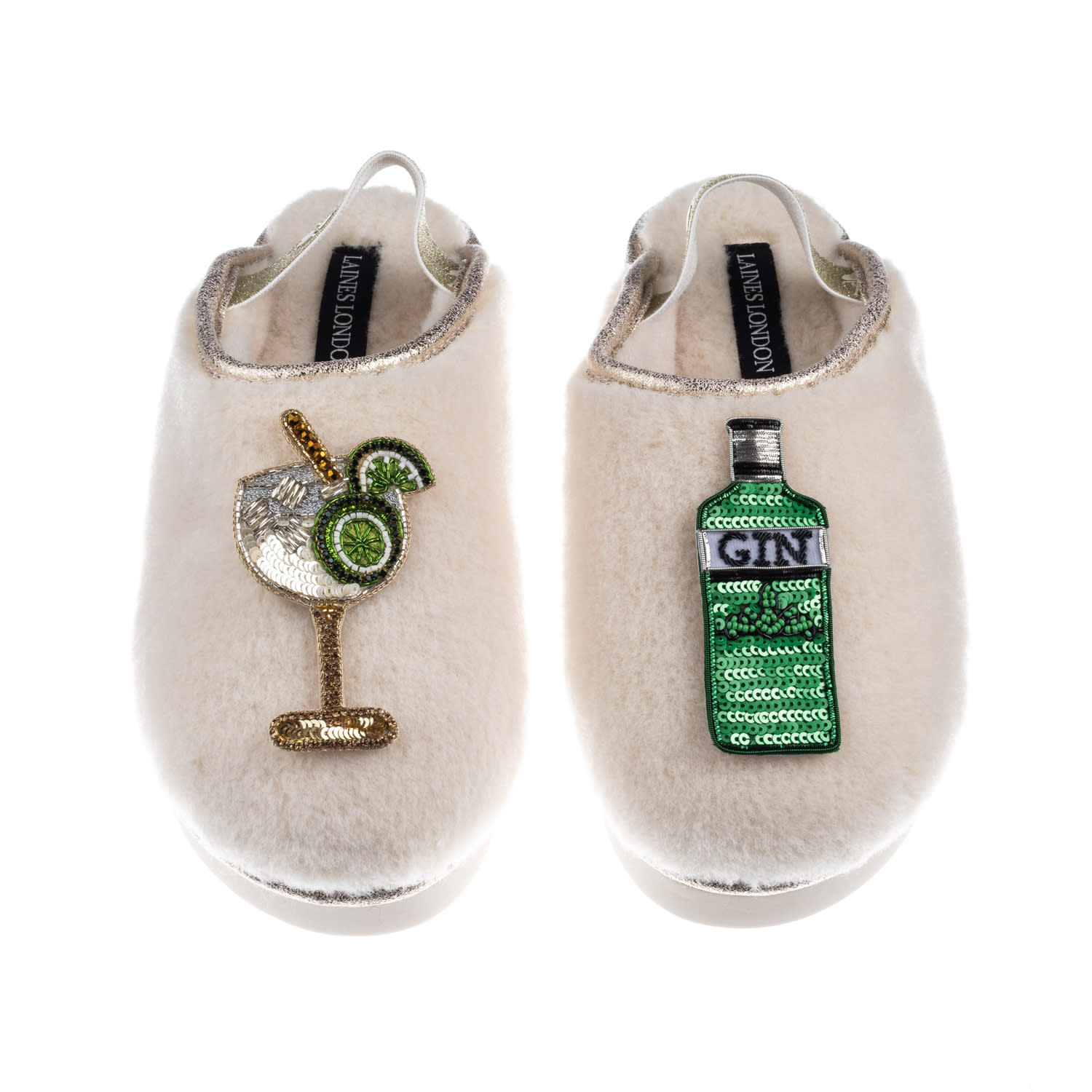 Laines London Women's Gold / Neutrals / White Flatform Cloud Slippers With Original Gin & Glass Brooches - Cream