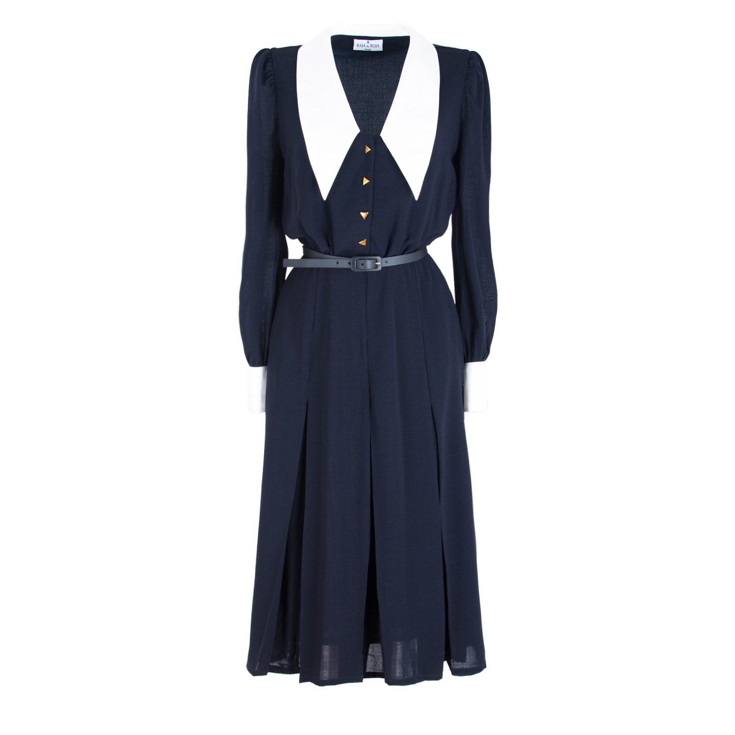 Women’s Blue / White Wool Midi Dress With Wide Silk Collar Blue & White Medium Rua & Rua