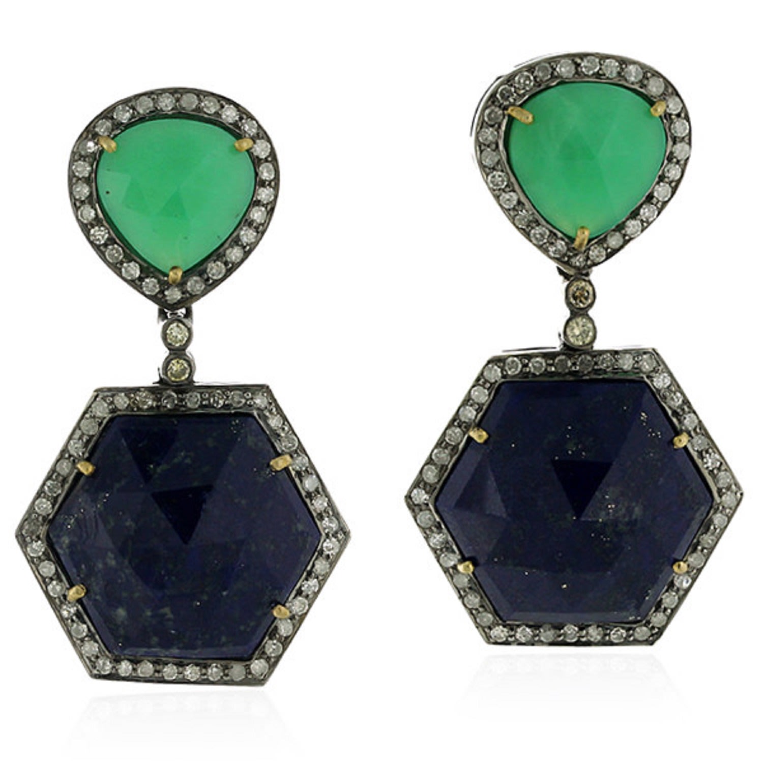 Women’s Blue / Green / White Lapis Chrysoprase Gemstone Diamond 18K Gold 925 Sterling Silver Dangle Earrings Artisan