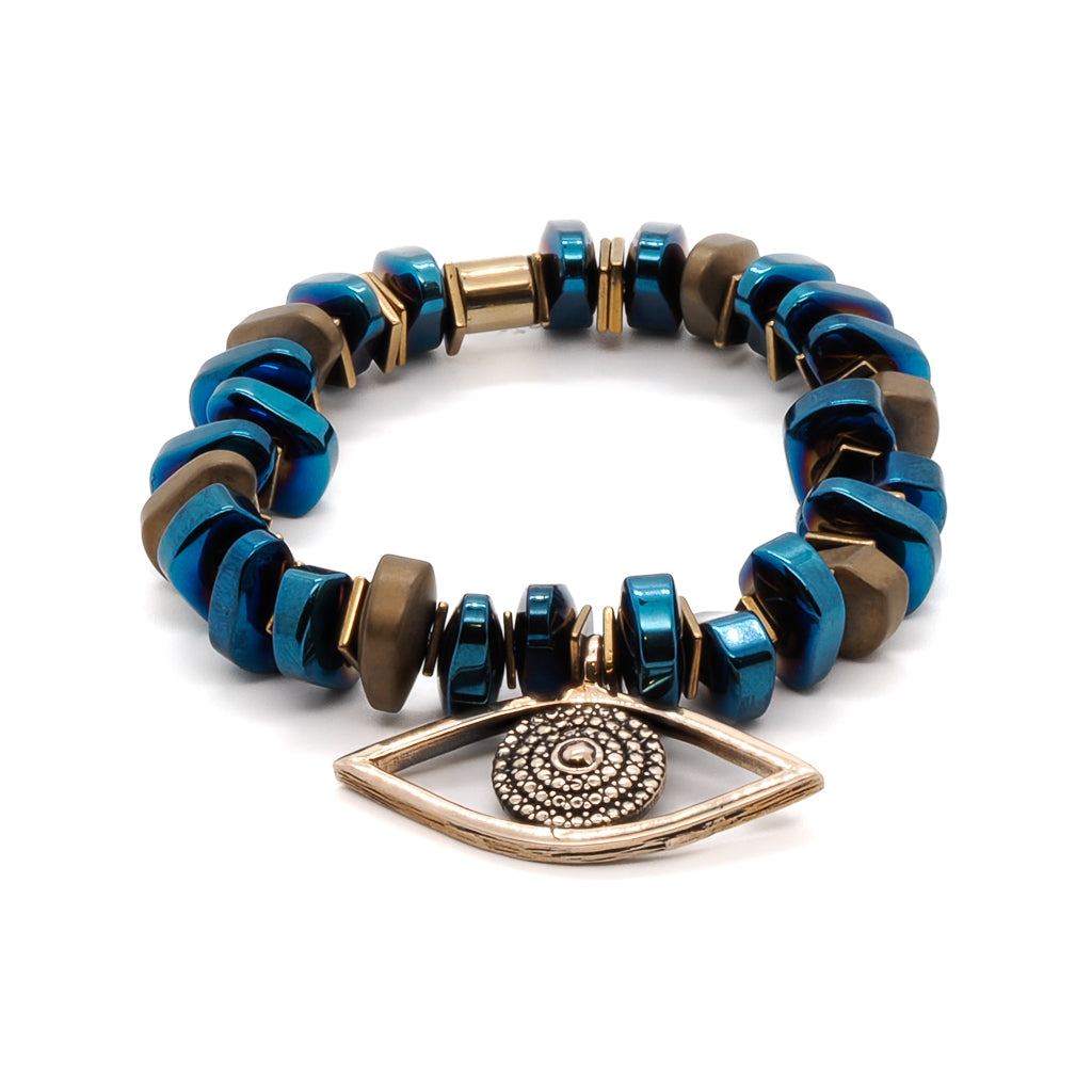 Women’s Gold / Blue Evil Eye Protector Blue Beaded Bracelet - Blue Ebru Jewelry