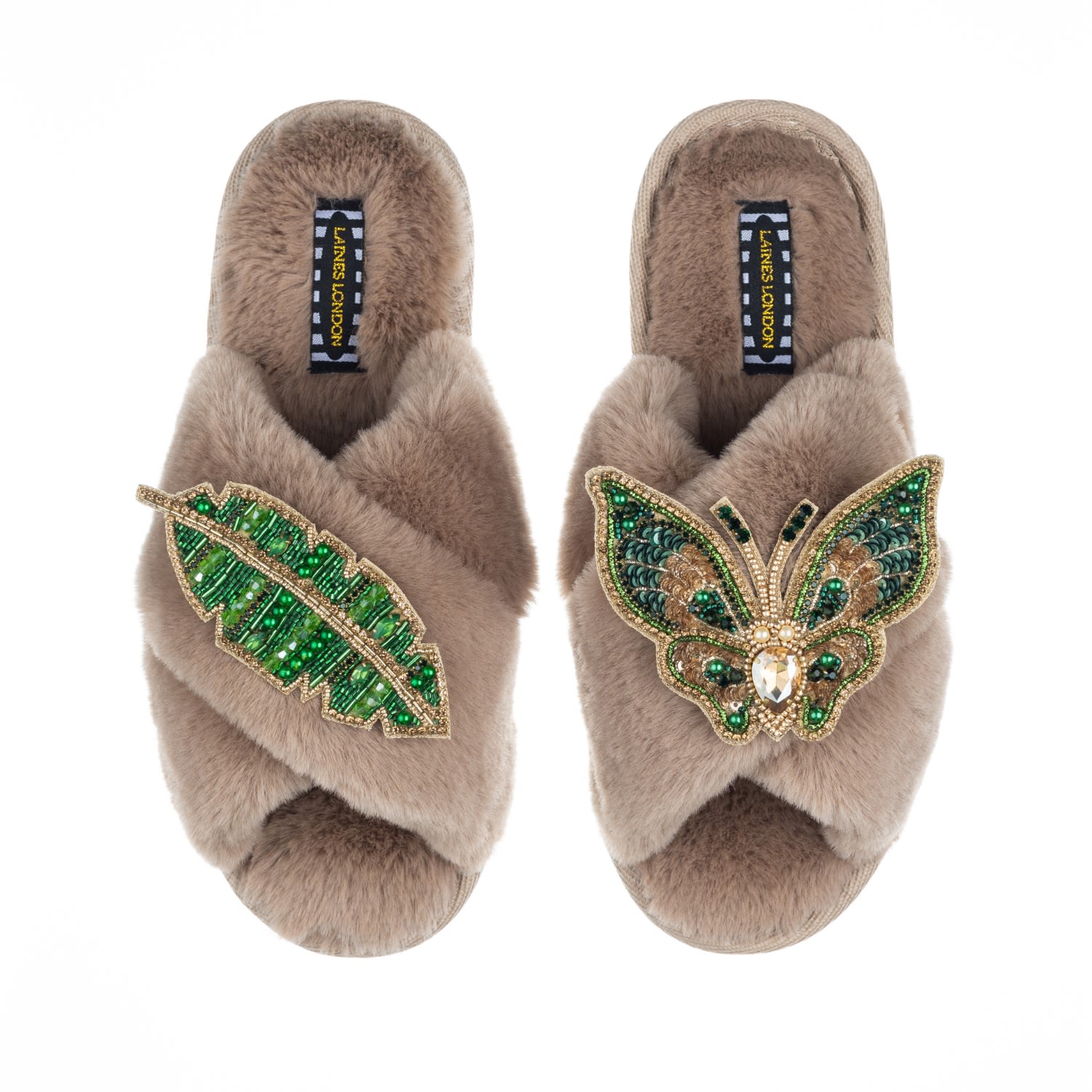 LAINES LONDON - Classic Laines Slippers With Artisan Green & Gold Butterfly & Leaf Brooch - Toffee