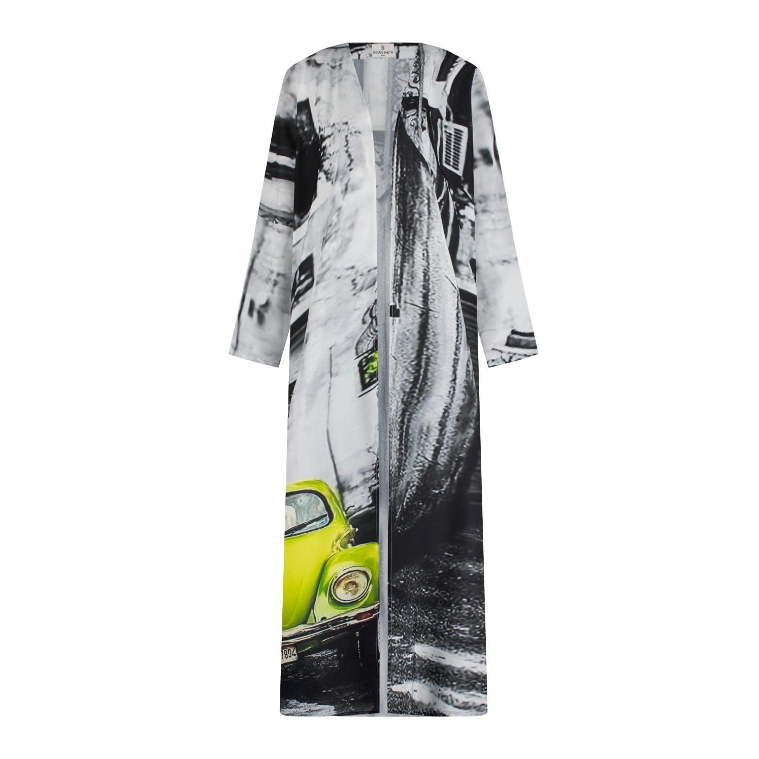 Dhara Sheth Dubai Women's Black / Grey / White Neon Drive Car Abstract Print Long Kimono - A Beach Cover Up In Black/grey/white