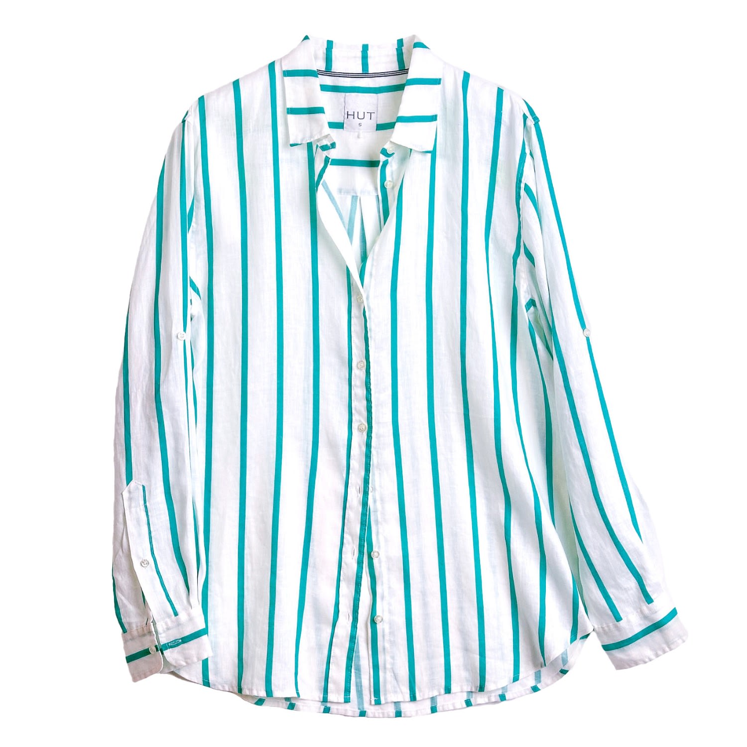 Hut Noosa Women's Green / White Bermuda Green Stripe Boyfriend Linen Shirt In White/green