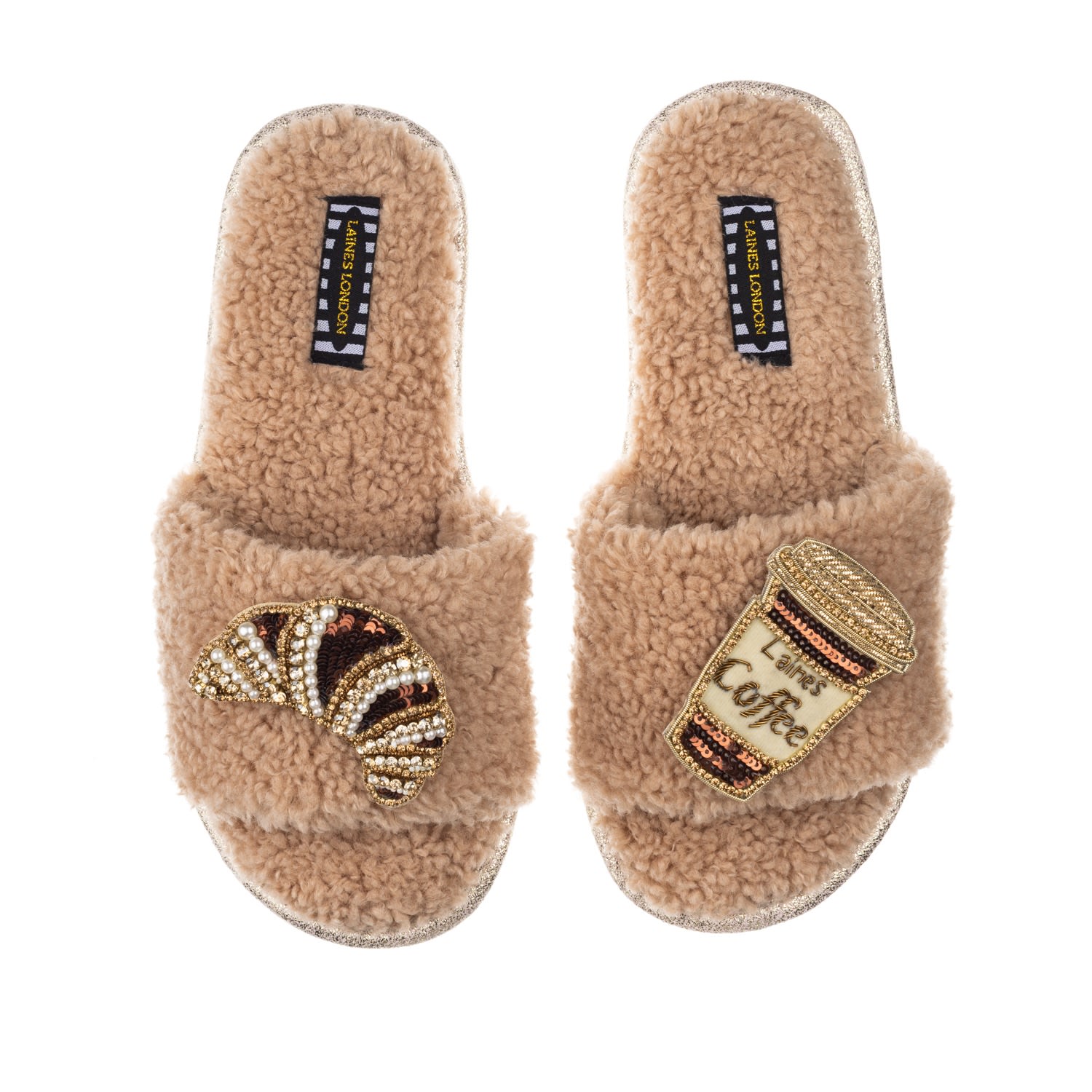 Laines London Women's Brown Teddy Toweling Slipper Sliders With Coffee & Croissant Brooches - Toffee In Brown