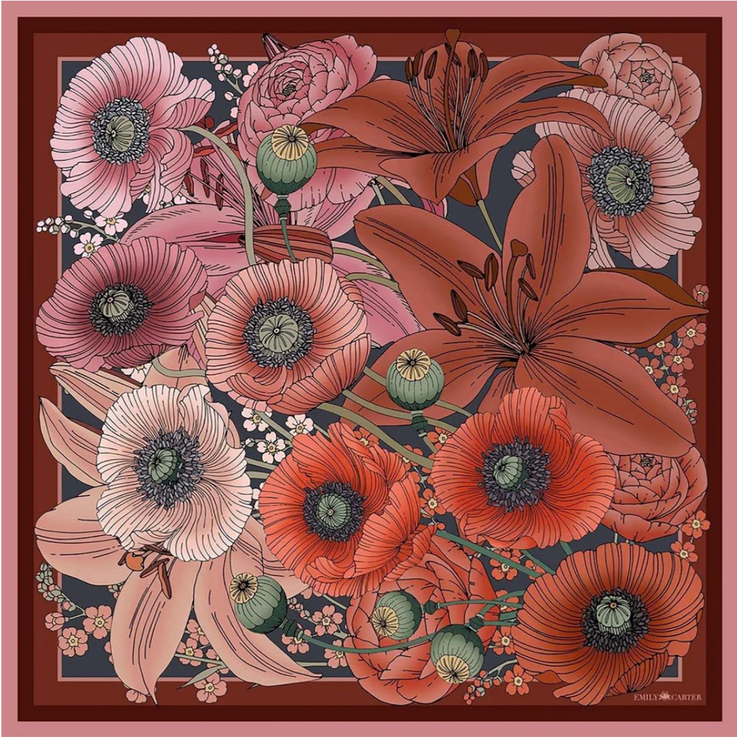 Emily Carter Women's Red The Lily & Poppy Silk Scarf - L