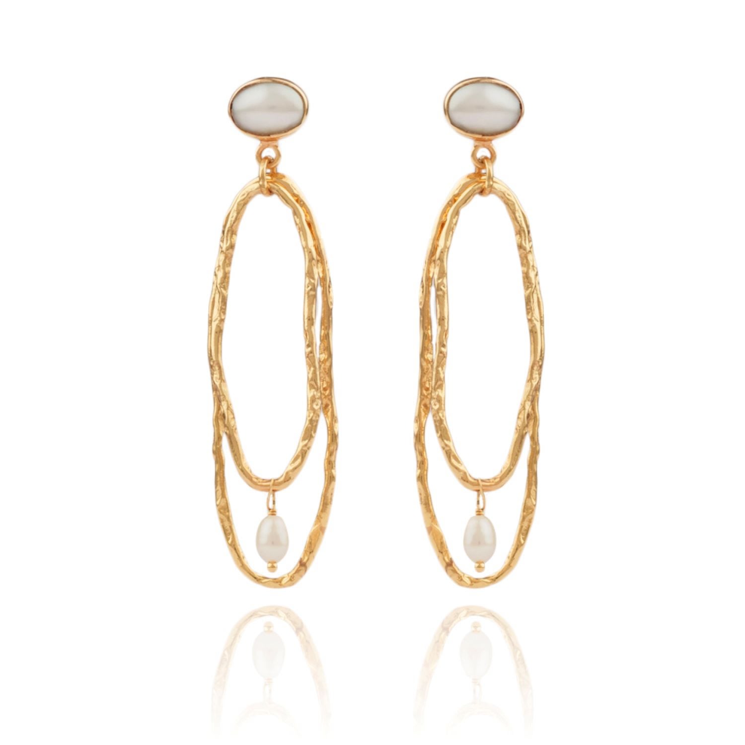 Women’s Gold Lacey Drop Earrings With Hammered Irregular Hoops And Pearls House of Elliott