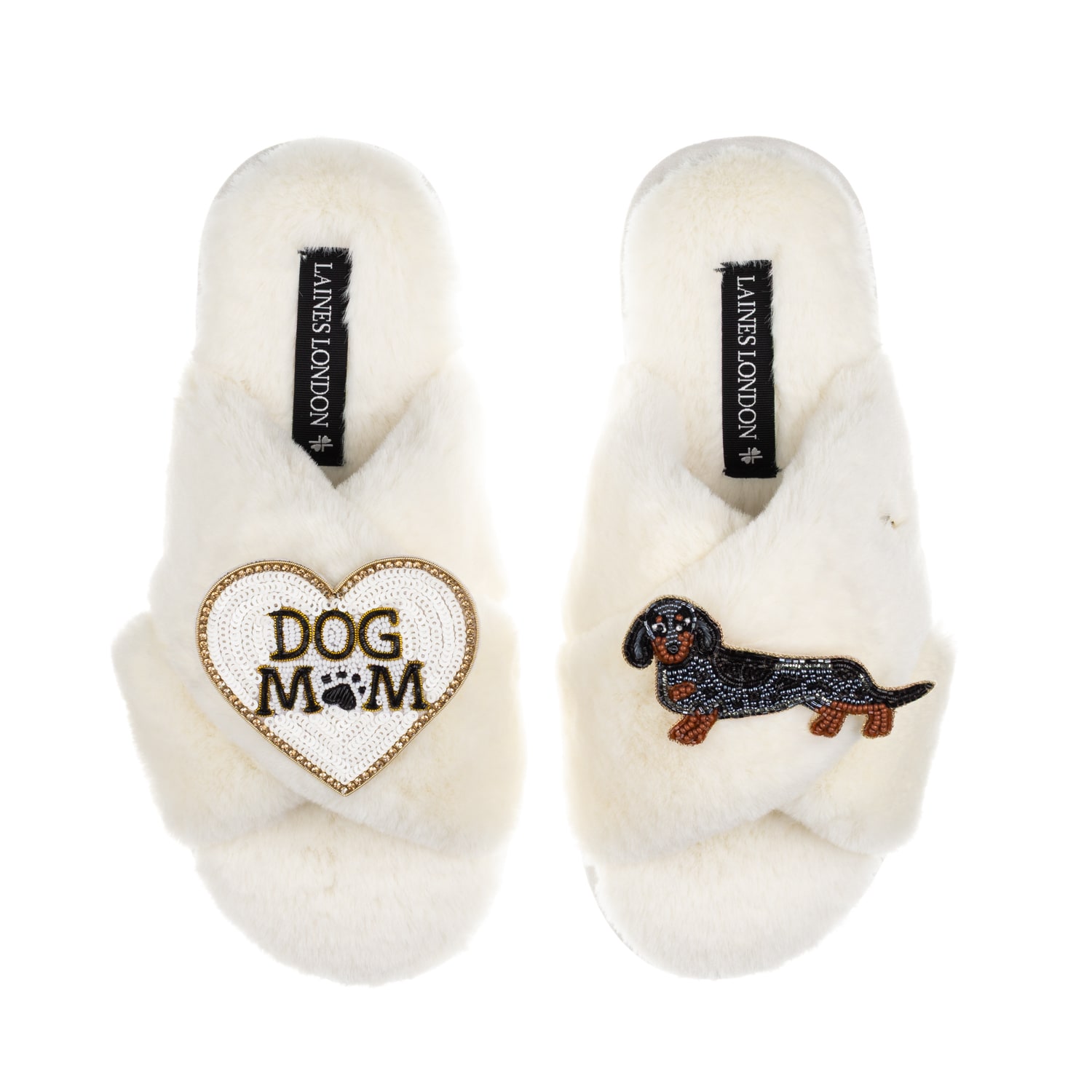 Laines London Women's Neutrals / White Classic Laines Slippers With Dog Mum/mom & Dapple Dachshund Brooches - Crea In White