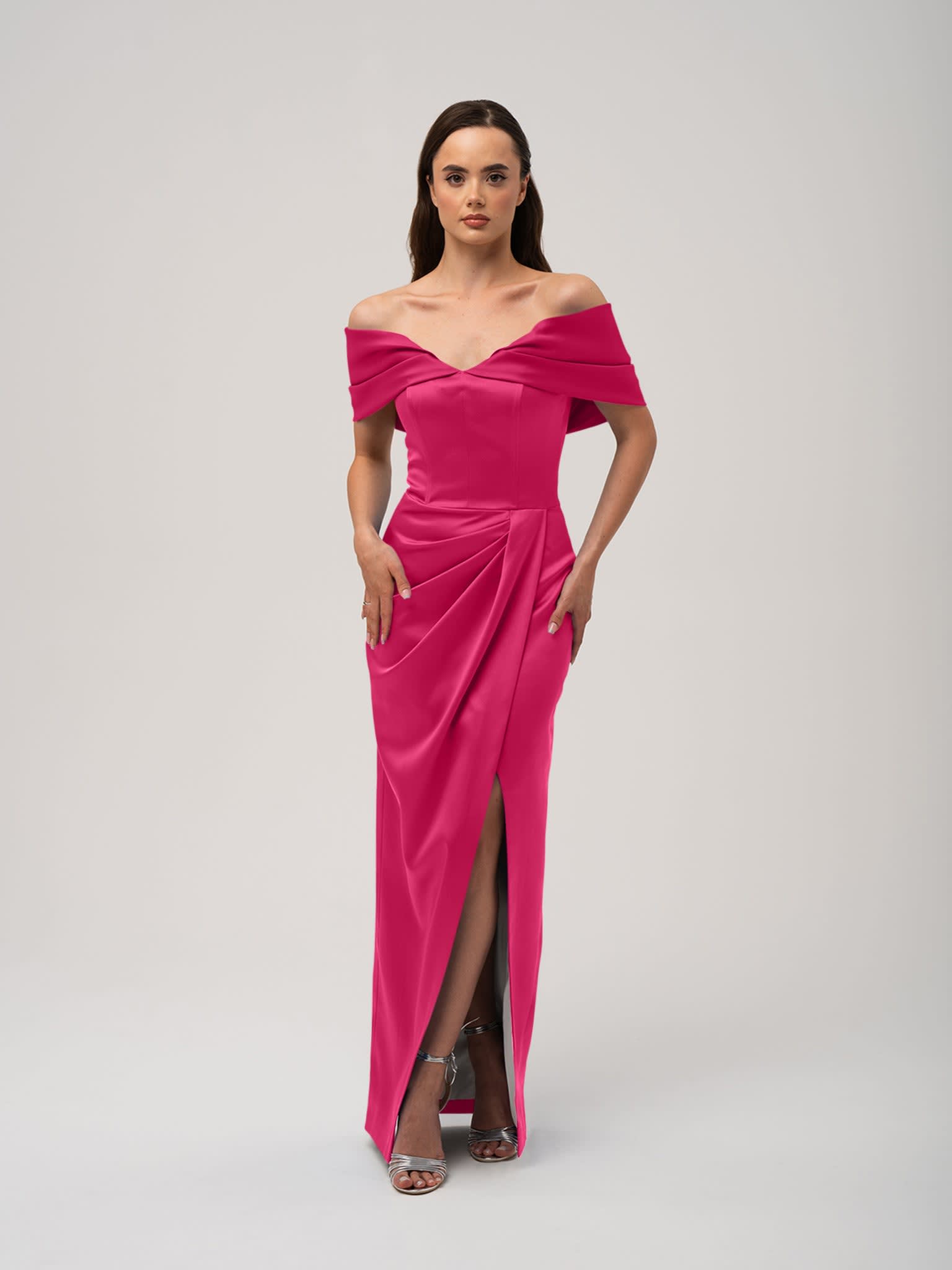Heavenly Kissed Draped Satin Maxi Dress - Hot Pink | Tia Dorraine