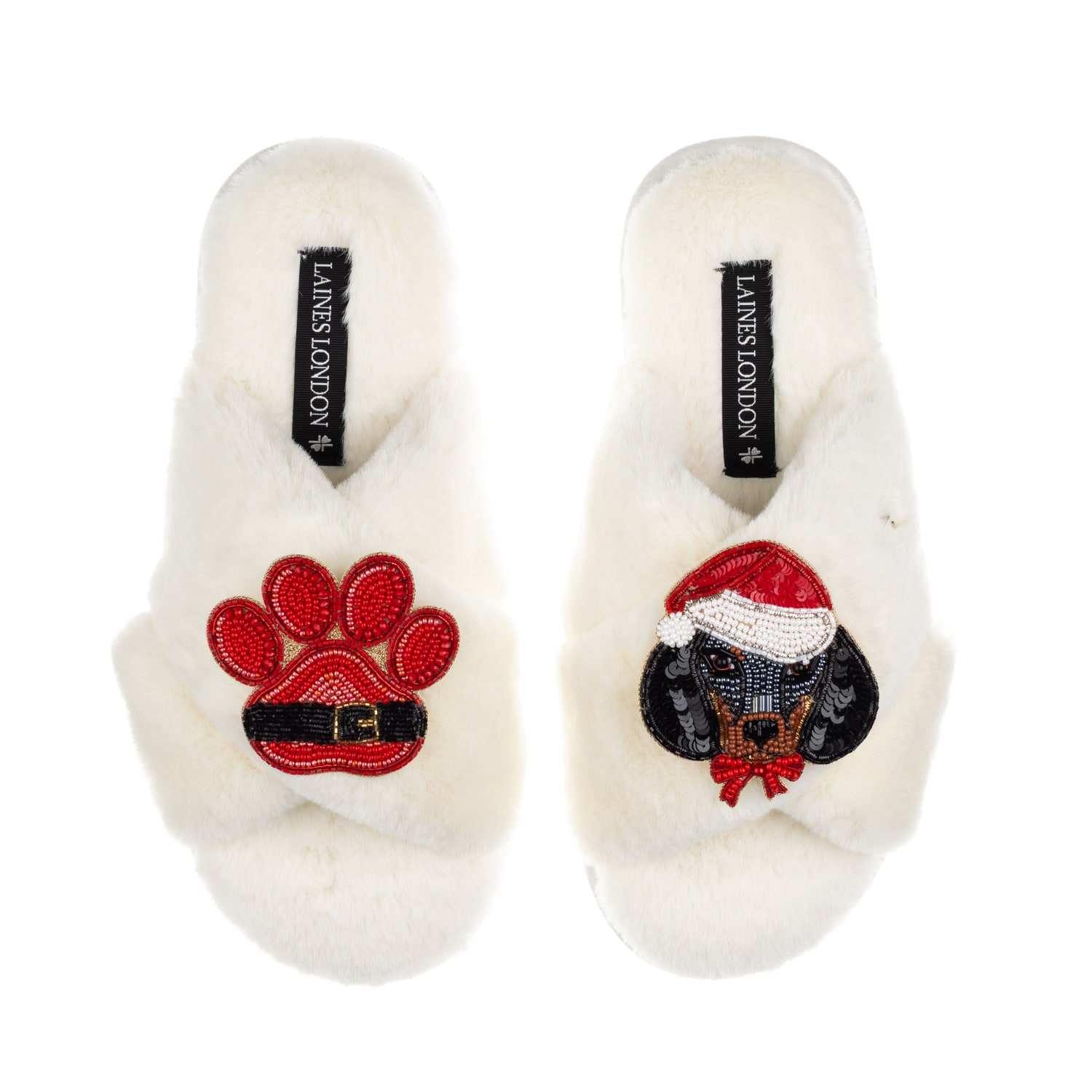 Laines London Women's White / Neutrals Classic Slippers With Christmas Dachshund & Paw Brooches - Cream In White