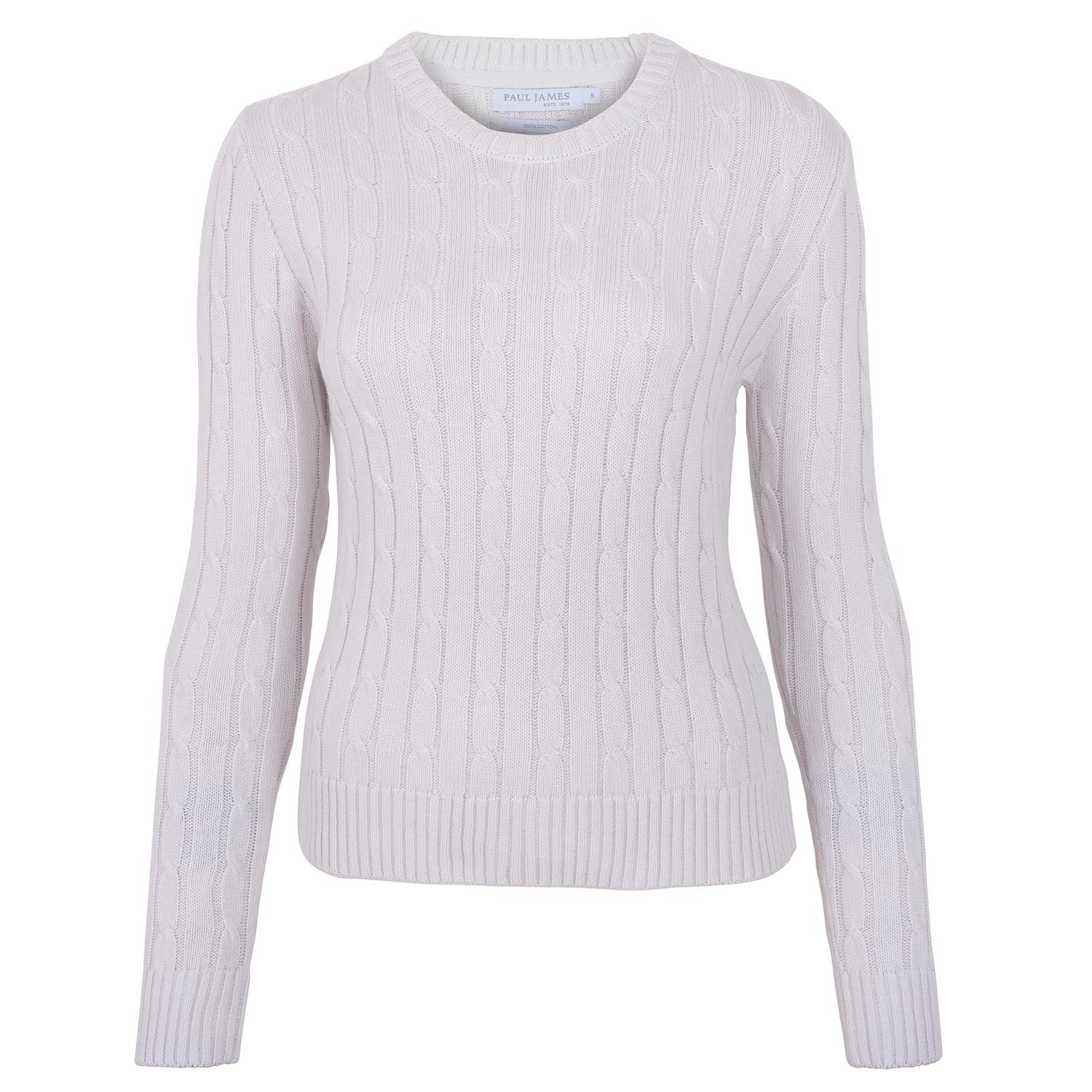 Womens Cotton Crew Neck Taylor Cable Jumper - Bone White Large Paul James Knitwear