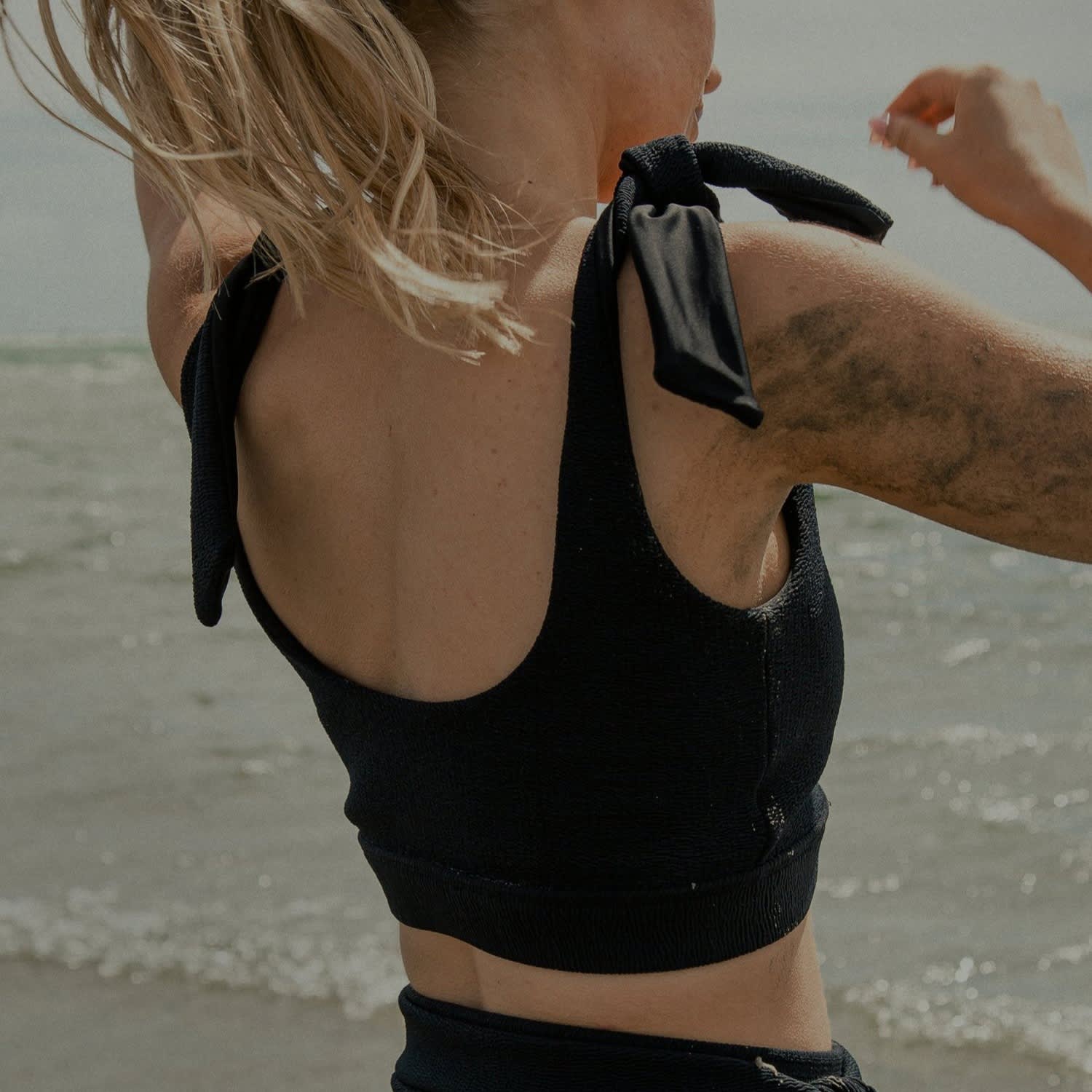 Lorelei Black Crinkle Tie Shoulder Bikini Top freetides Wolf Badger